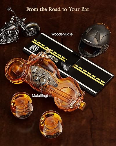 Miniatura 4 de Kollea Regalos de cumpleaños para hombres, papá, juego de decantador de whisky de motocicleta con 2 vasos, dispensador de licor para bar en casa,
