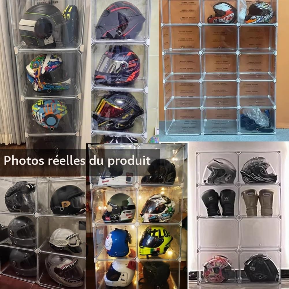 Vitrine de casque avec éclairage LED, étagère de rangement empilable pour casques de moto, livres et cosmétiques, organiseur en plastique transparent