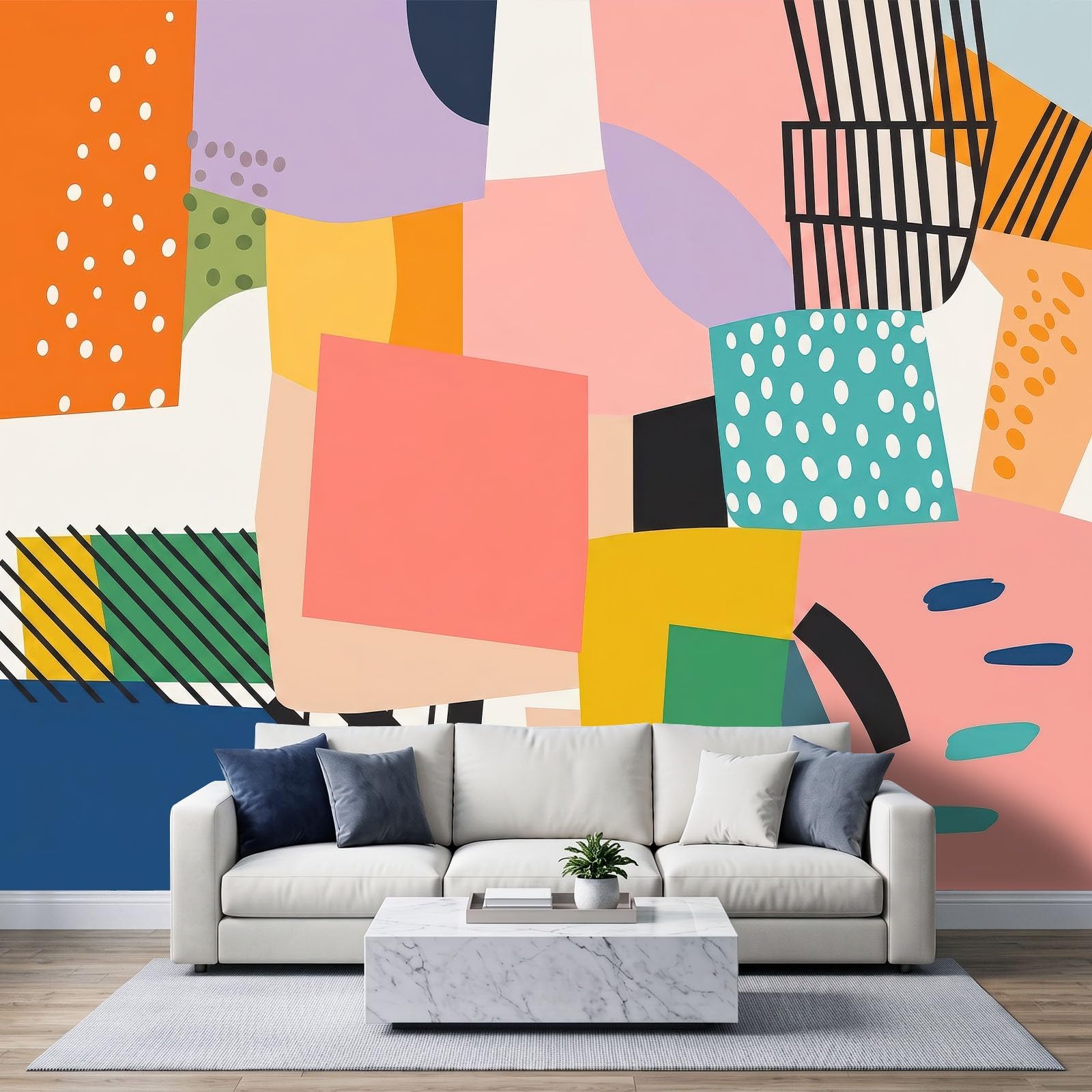 Abstrakcyjne geometryczne bloki kolorowe kropki panoramiczna tapeta dla chłopców dziewcząt, 400 x 280 cm kolor gigantyczny plakat ścienny 3D, dekoracja ścienna premium do salonu, pokoju dziecięcego