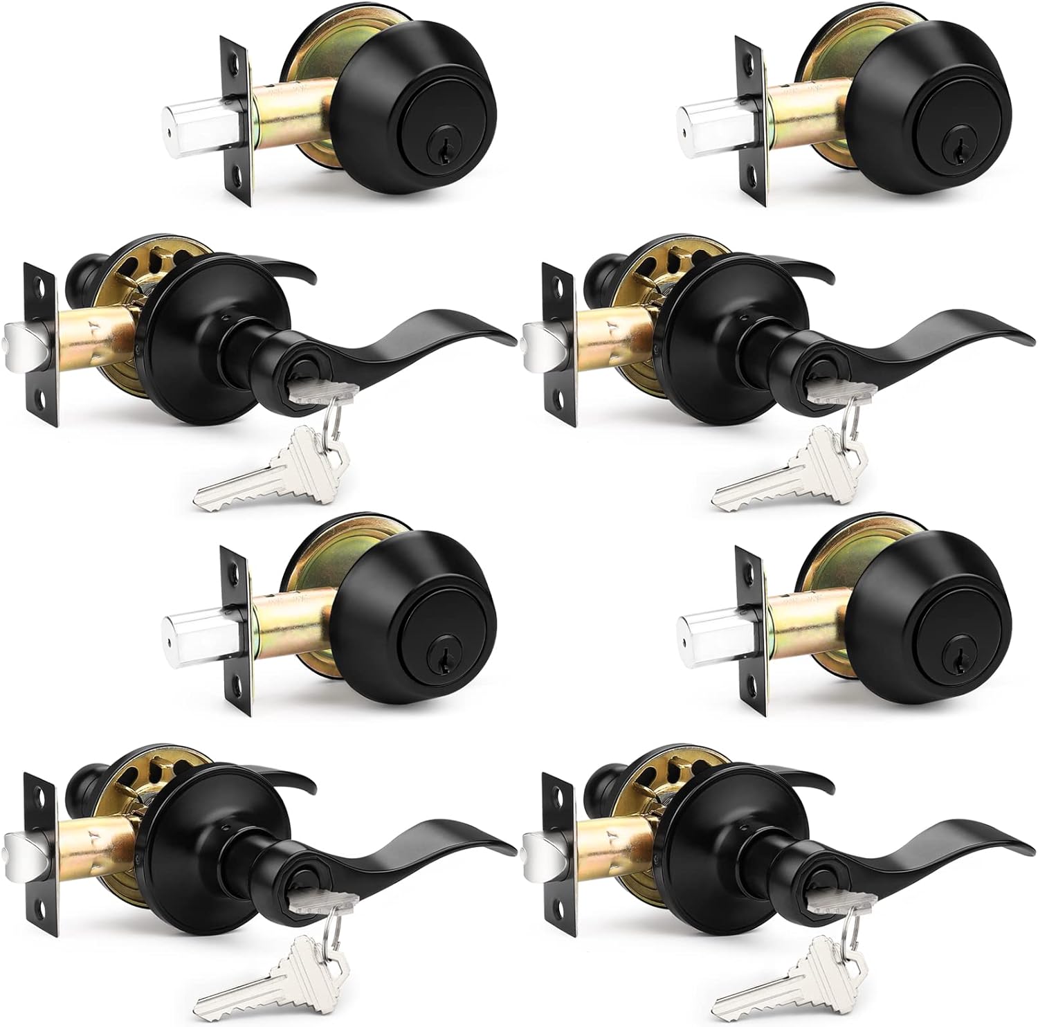 Probrico Front Door Handle and Single Cylinder Deadbolt Set, Black Exterior Door Handle with Deadbolt Lockset,Wave Reversible Door Lever Locks with Deadbolt Set, Keyed Alike 4Pack