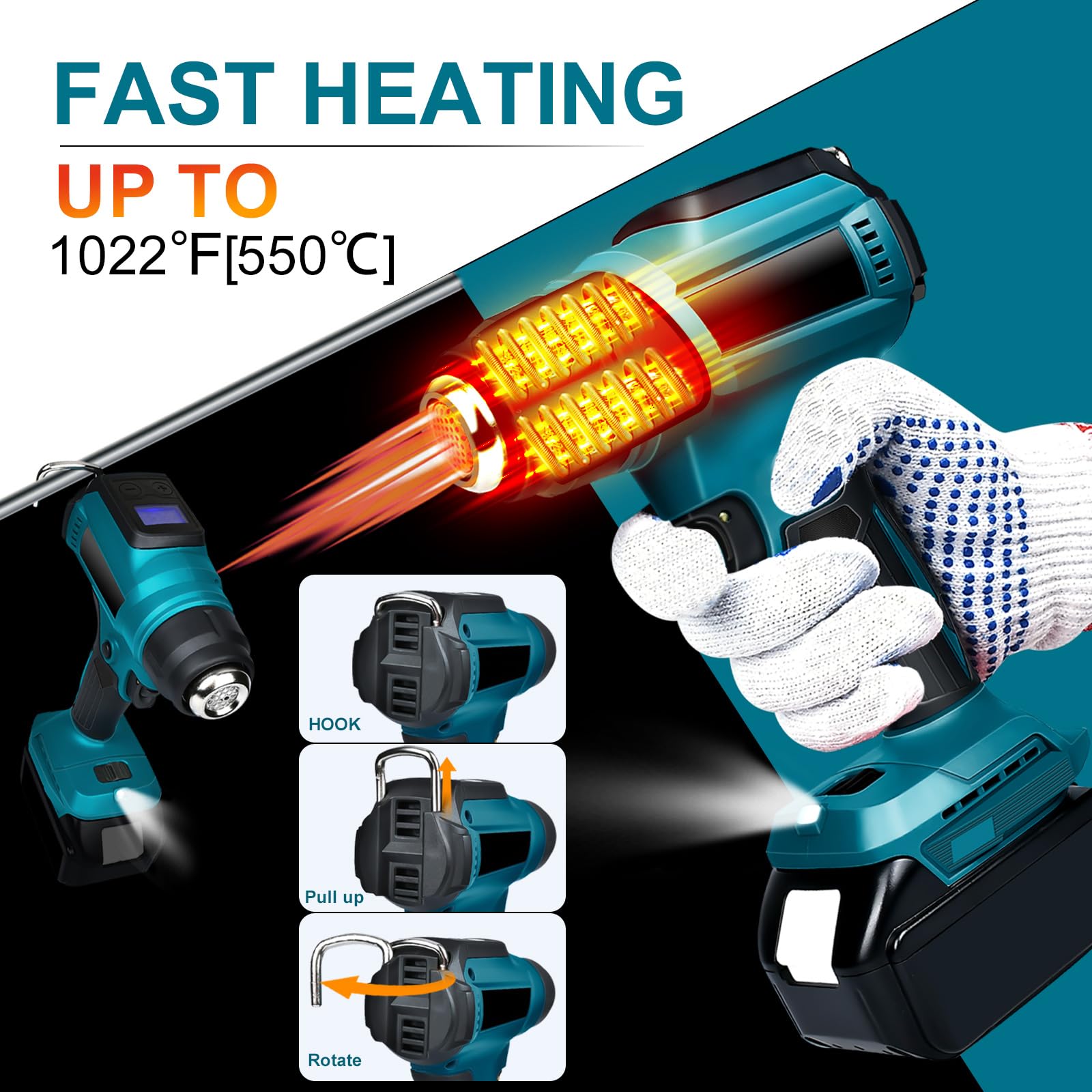 Cordless Heat Gun for Makita 18v Battery, 350W 122?-1022? Fast Heating Soldering Hot Air Gun with LCD Digital Display for Shrink Tubing, PVC Wrap