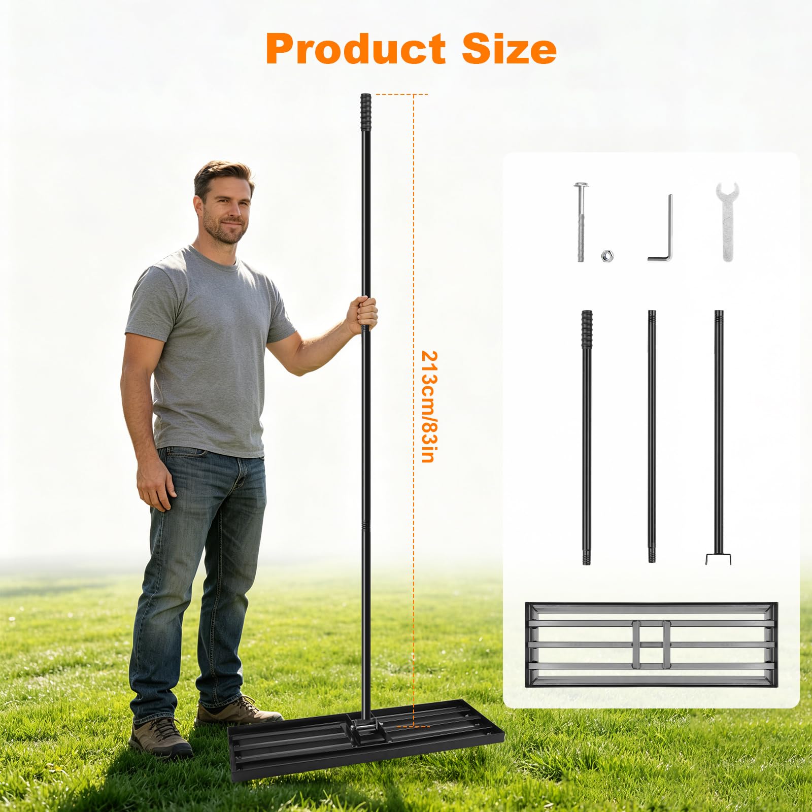 75x25cm Râteau de Nivellement de Pelouse, Outil de Jardinage avec Manche Réglable 213cm, Large Râteau Niveleur Professionnel en Acier pour Terrain de Golf, Jardin et Arrière-Cour