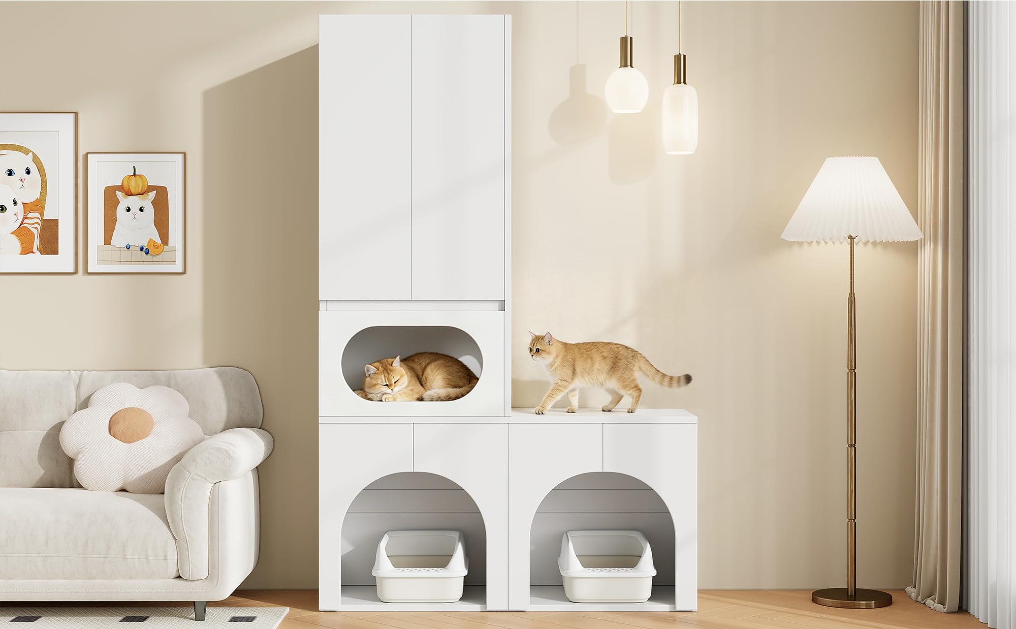 Armario alto para mascotas y espacio de almacenamiento, armario de almacenamiento para mascotas, armario alto, caja de arena para gatos, armario para 2 cajas de arena, con zona de descanso para