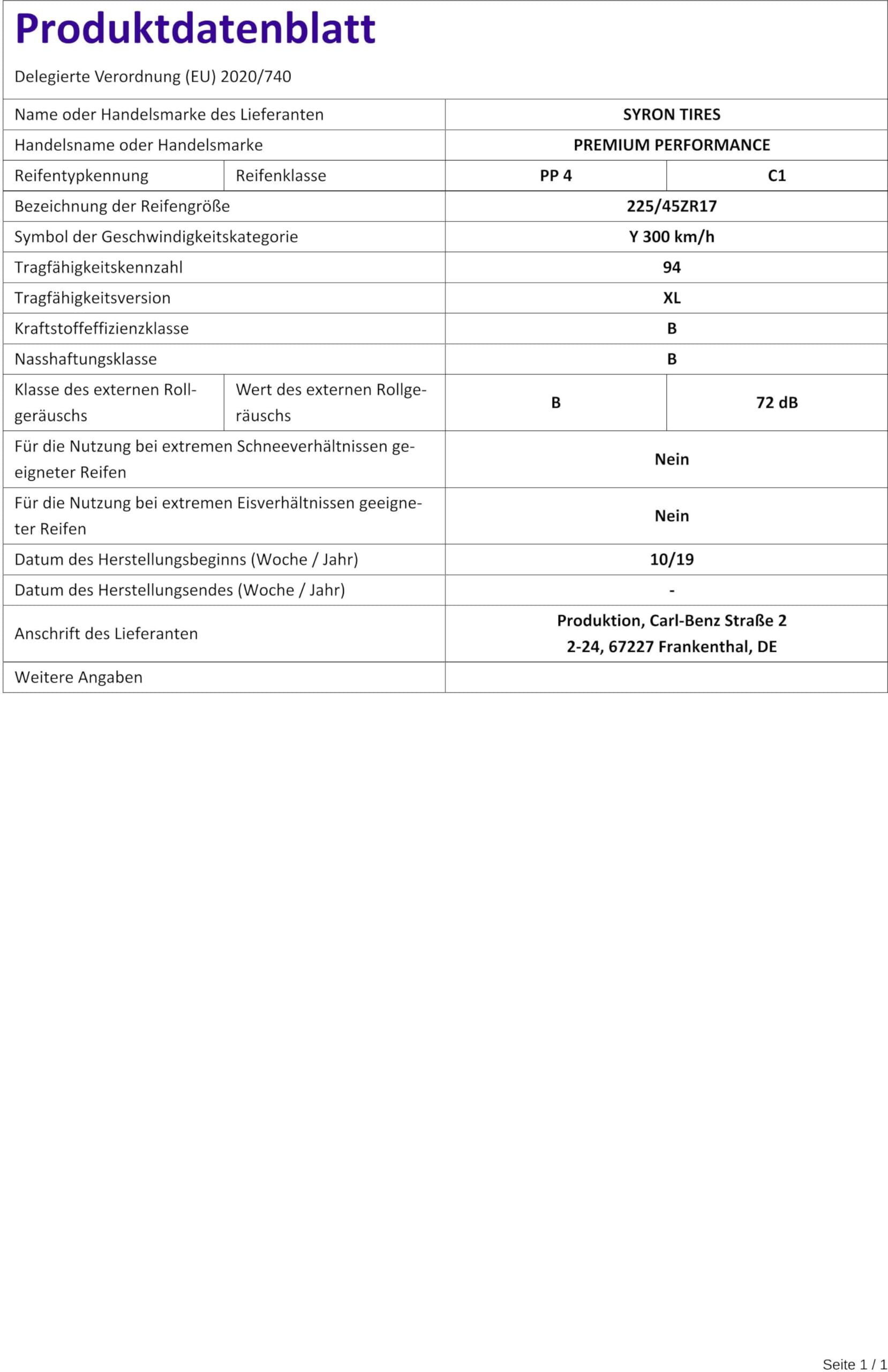 Syron Tires Premium Performance 225/45 ZR17 94Y XL B/B/72dB Sommerreifen (PKW) Amazon.de
