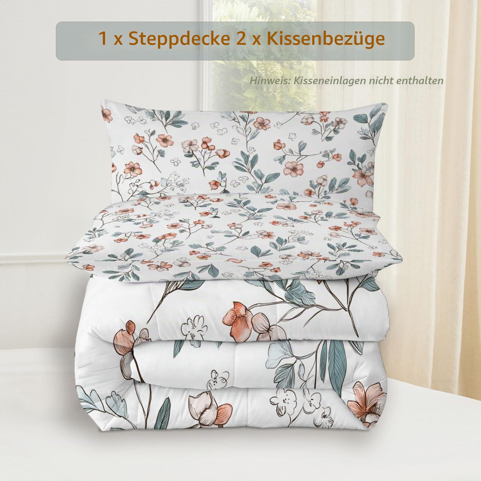 Bettdecke 135 x 200 cm 4 Jahreszeiten, Einfache Pflanzen Beeren Blumen Warm Weiche Steppdecke mit 2 Kissenbezügen, Creme Waschbare Kinder Schlafzimmer Wende Ganzjahresdecke ohne Bezug