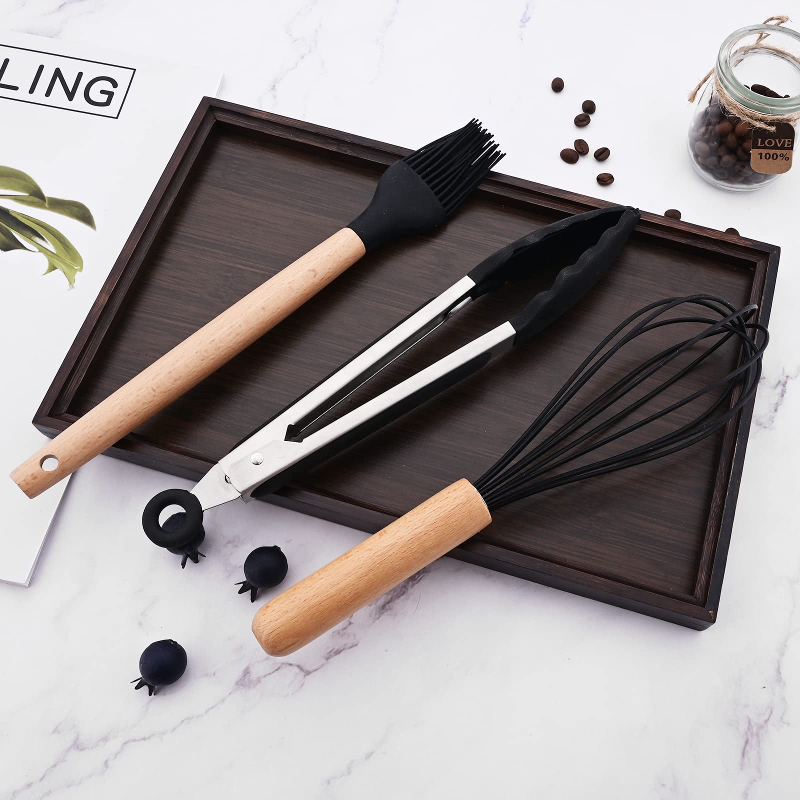 BRIIEC 1pcs Black Silicone Balloon Whisk,Heat Resistant Non Scratch Coated Kitchen Whisk with Wooden Handle for Blending Whisking Beating Stirring Cooking Backing