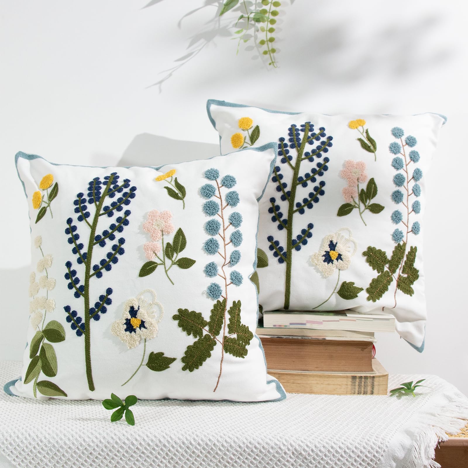 Ailive Embroidered Floral Petal Cushion Cover, 100% Pure Cotton Canvas, Dark Blue & Green Botanical Pattern, Heavy Embroidery Work for Rural Home Decor