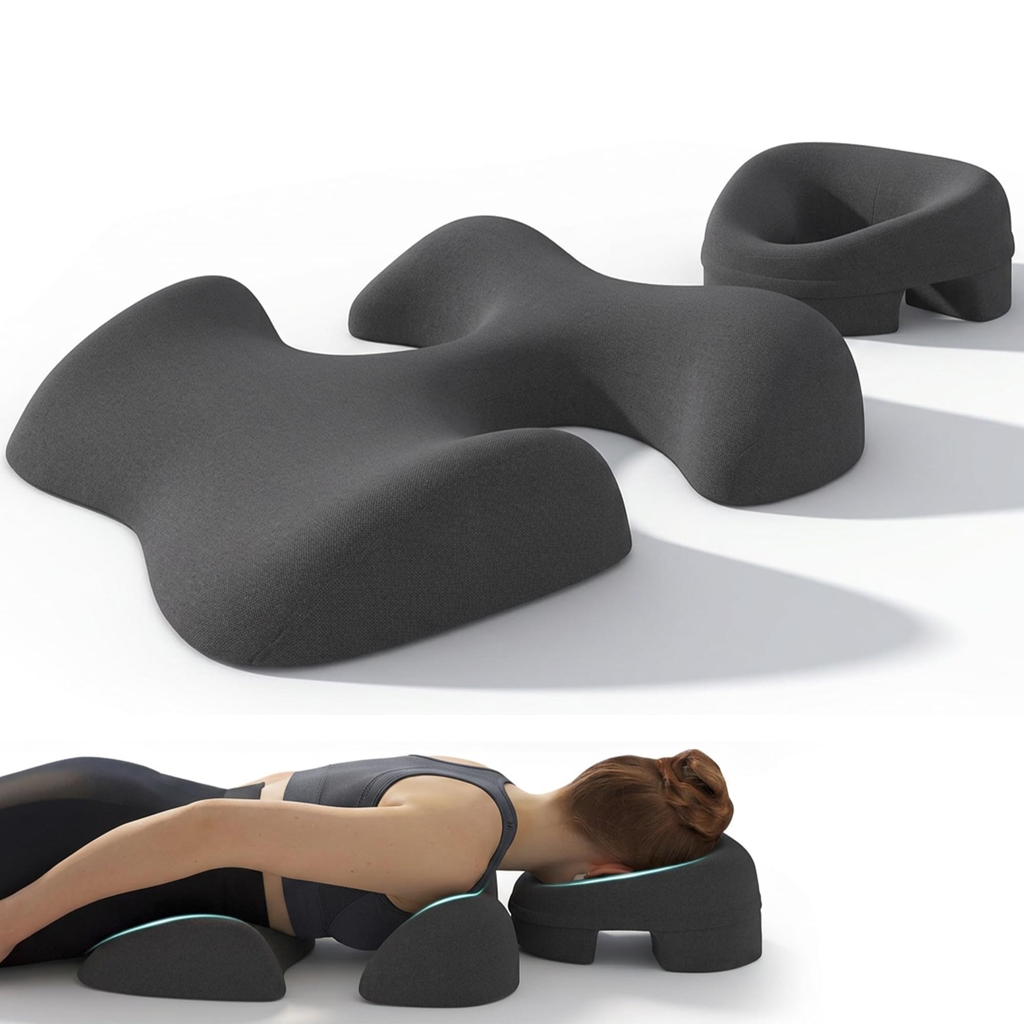 Ergonomisches Massage Kopfstütze & Brustkissen Set für Bett, Bauchlage Kissen mit Atemöffnung, Memory-Schaum Gesichtskissen & T-Form Bruststütze für Physiotherapie & Wellness, Dunkelgrau
