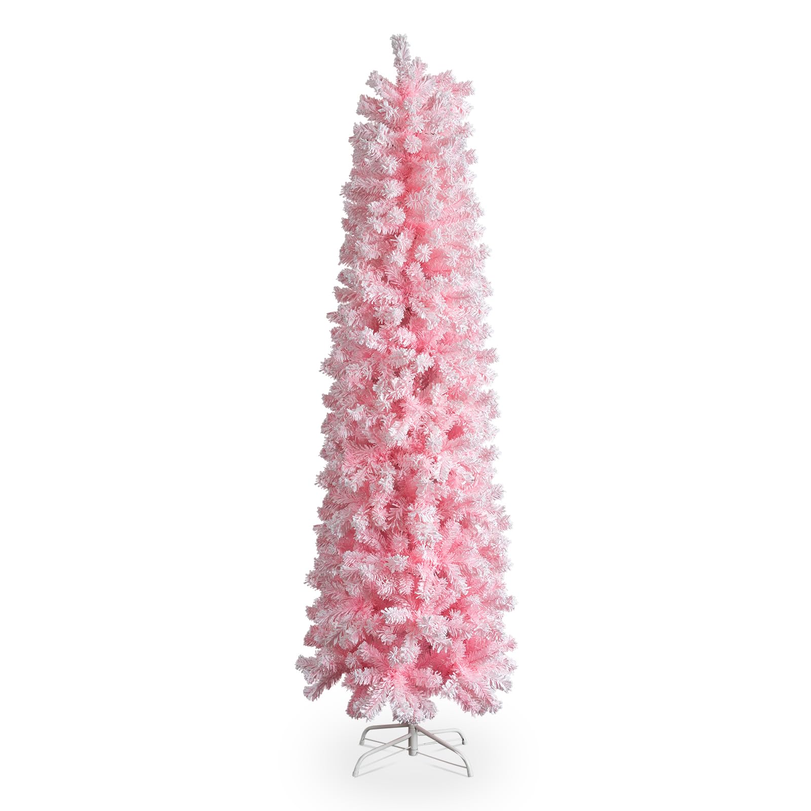 Karl home 7.5 FT Snow Flocked Hinged Christmas Tree, Artificial Pencil Christmas Tree, Unlit Artificial Christmas Pine Tree with 641 Branch Tips and Sturdy Stand, Pink
