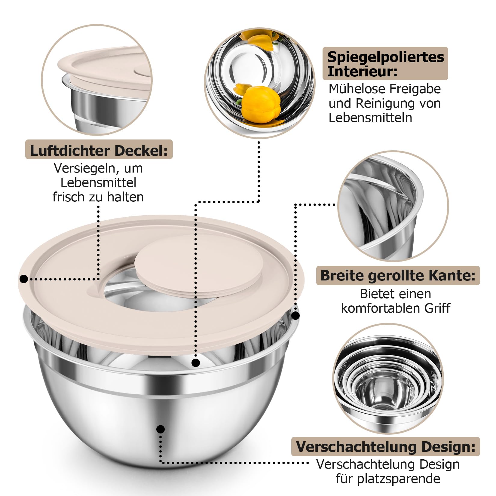 Onader mengkom, 5-delige roestvrijstalen slakommenset met luchtdicht deksel, perfect voor bakken, koken, stapelbaar en vaatwasmachinebestendig, 4,6/2,8/1 ,6/1,2/0,7 l, blauw