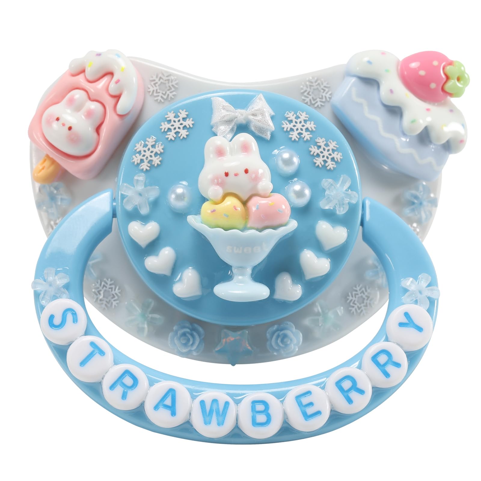 CutiePlusU Adult-Size Pacifier Dummy for Adults DIY Handmade Large Shield - White Strawberry Bunny, Blue Chocolate Bunny