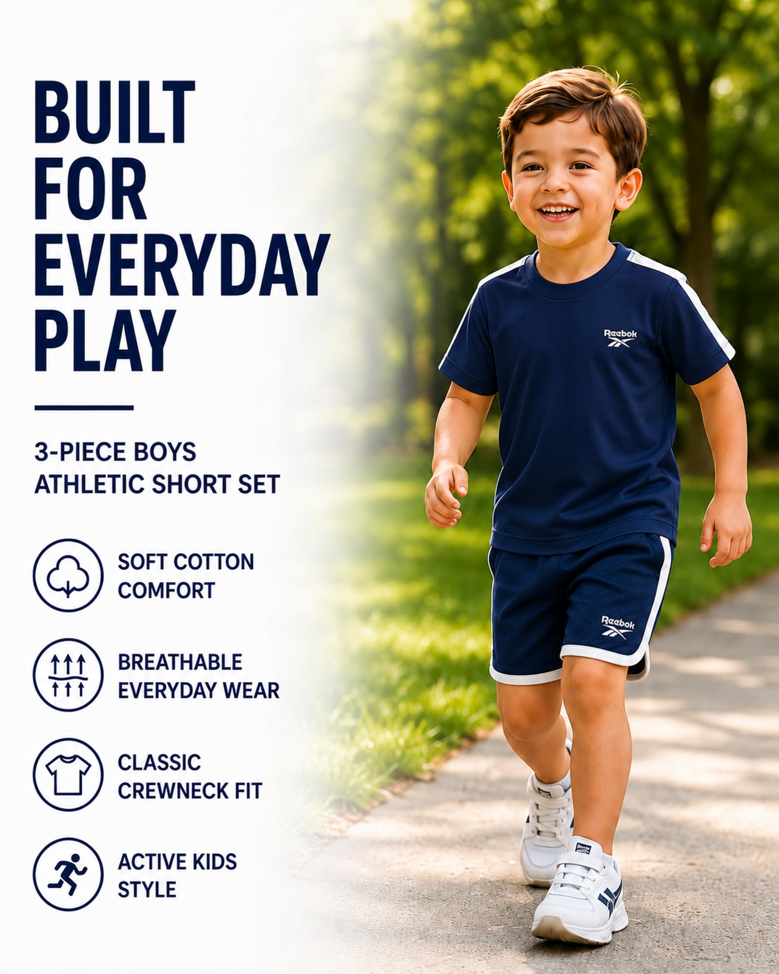 Reebok - Estate 3 pezzi corto set con 2 top e pantaloncini, abbigliamento sportivo per bambini piccoli e bambini