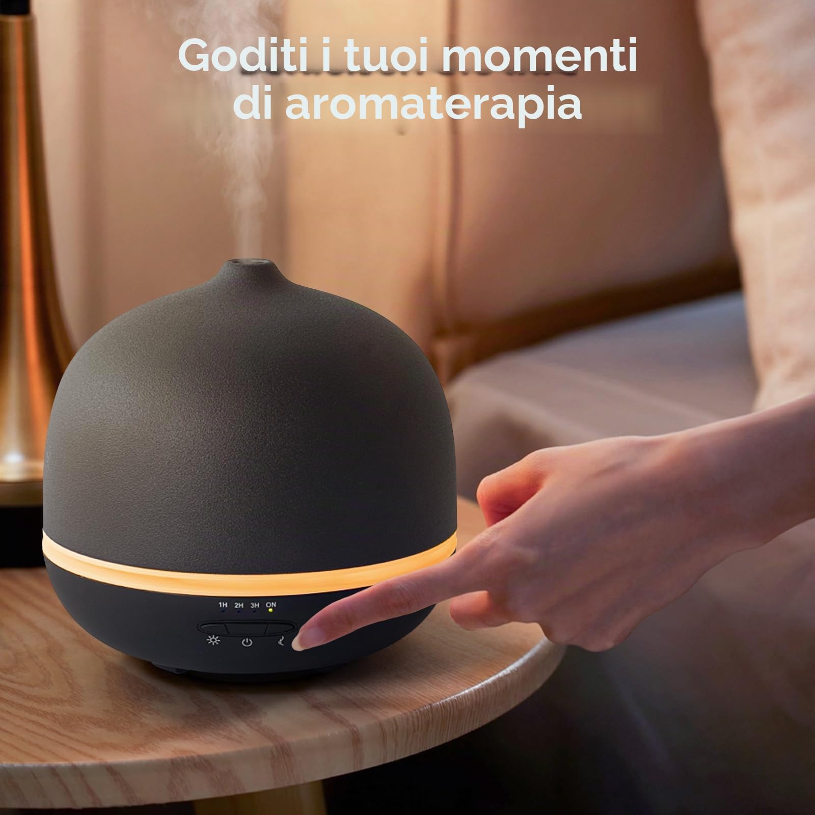 JESMAY Diffusore di aromi in ceramica per oli essenziali, 500 ml, umidificatore nero, striscia di luce ambientale a 7 colori, con timer, spegnimento automatico anidro