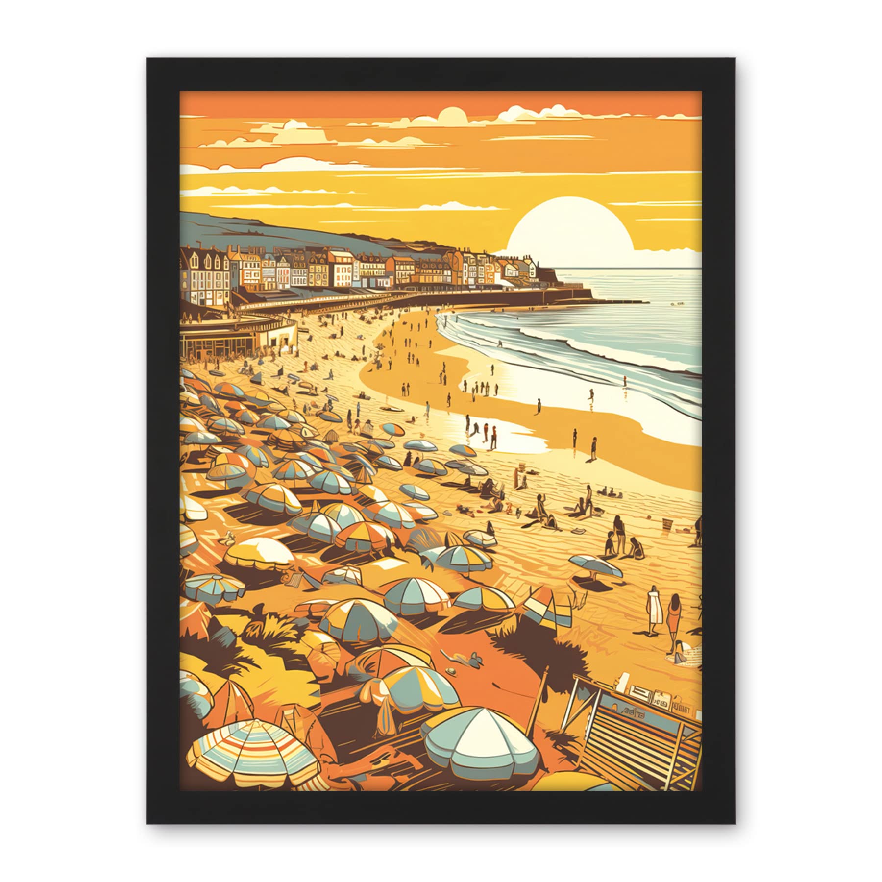 Artery8 Summer Sunset at Busy Sandy Promenade Beach Artwork Framed Wall Art Print 18X24 Inch