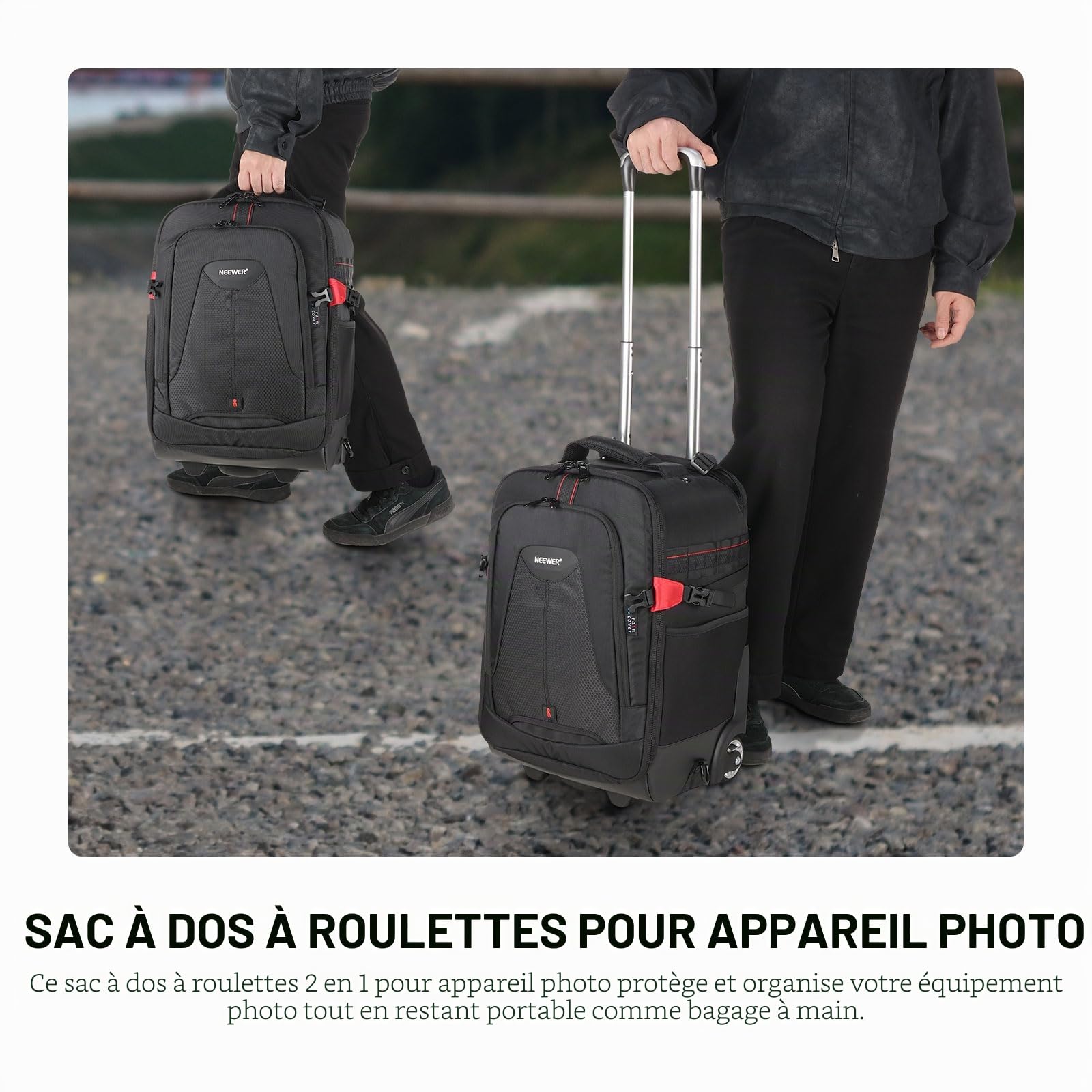 Neewer - Valise à roulettes 2 en 1 pour appareil photo - Durable et imperméable - (compartiment rembourré anti-choc et détachable, barre de traction cachée) Noir