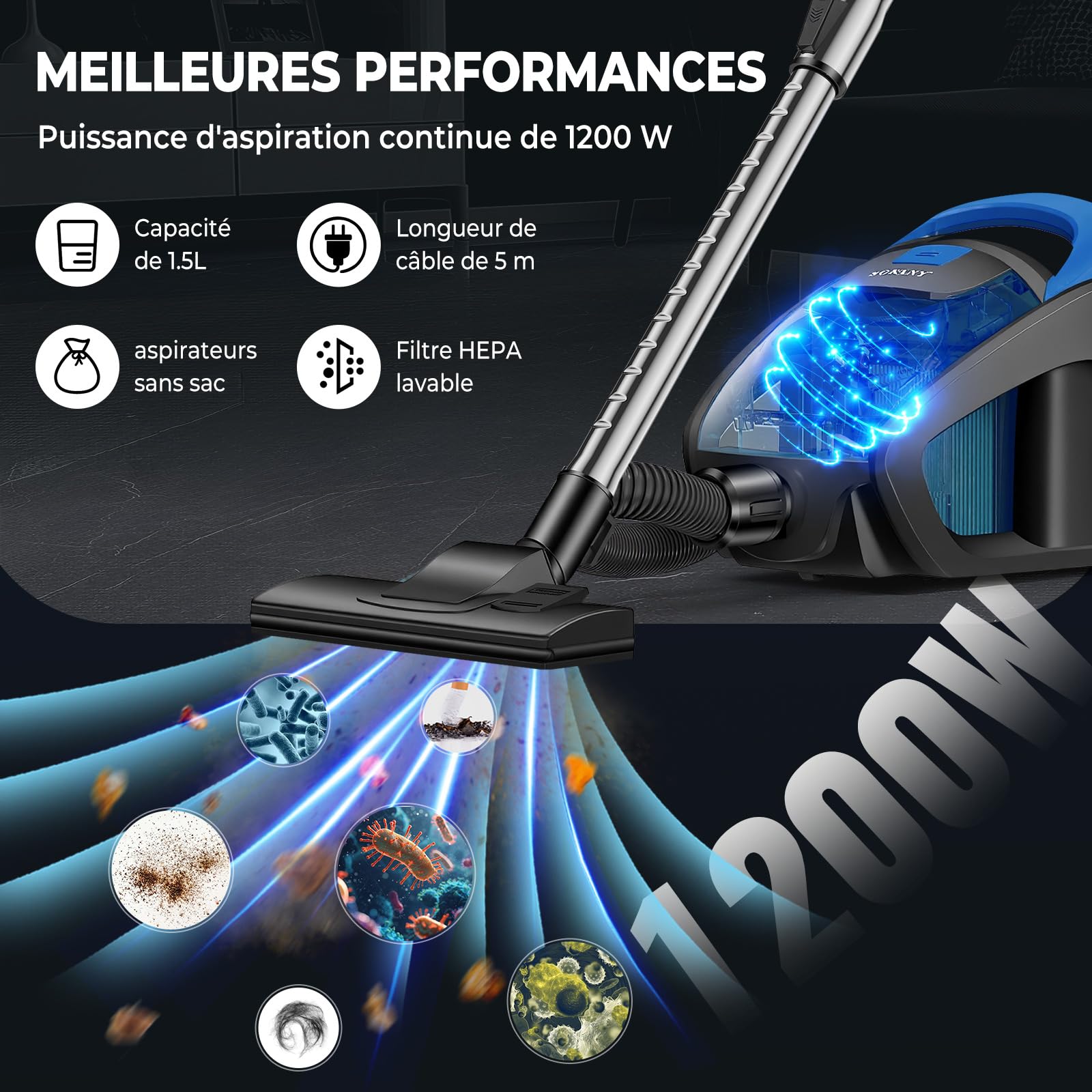 Aspirateur Traîneau Sans Sac Puissant 1200W, Aspiration 15000PA, Câble 5m, Buse Spéciale à Ions Négatifs Anti-Acariens, Silencieux et Compact pour Sols Durs, Tapis, Canapés et Poils d'Animaux (1,5L) - 3