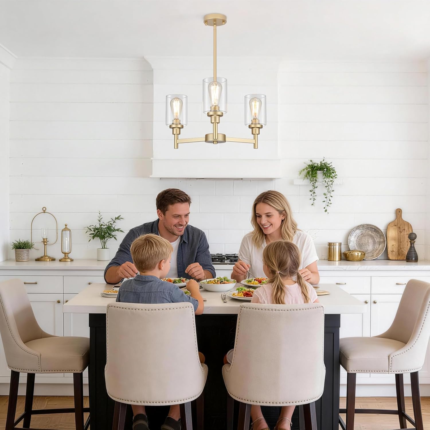 LIGHTDAMY 3-Lights Gold Chandeliers for Dining Room Light Fixture, Farmhouse Chandeliers Over Table, Hallway Lighting Fixtures with Glass Shade for Entryway Dining Room Kitchen Island Foyer