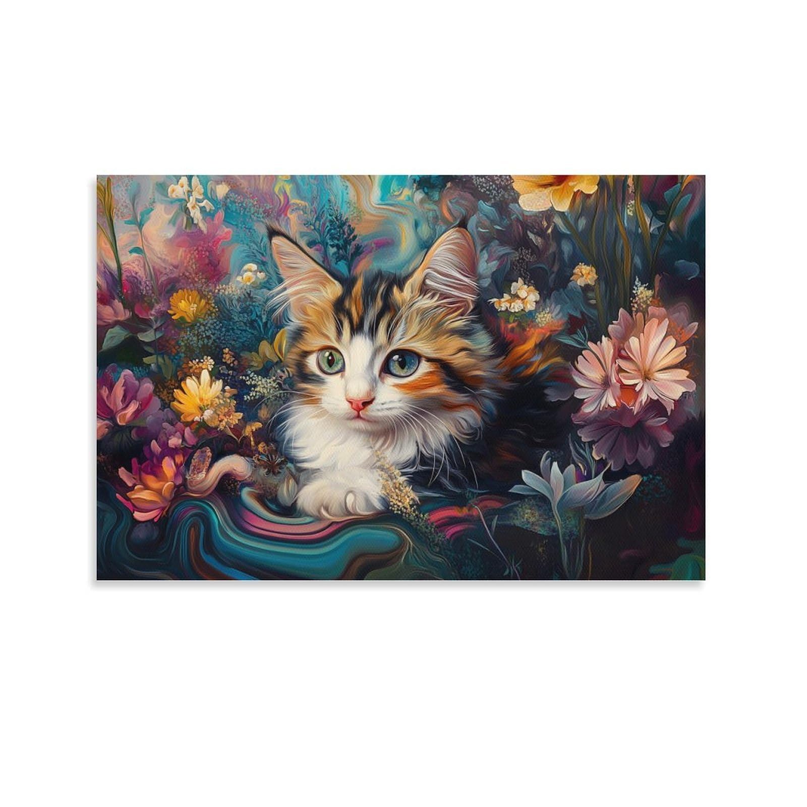 CPLVKWRQJ Whimsical Kitten 1 Piece Fantasy Floral Art Canvas Wall Hanging - Living Room Gallery Wall Focal Point Fade Resistant Decor 12x18inch(30x45cm)