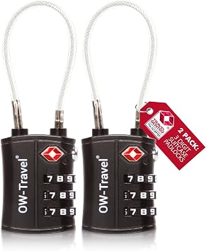 OW-Travel Suitcase Locks, TSA Approved Luggage Padlocks, Black, 2 Pack