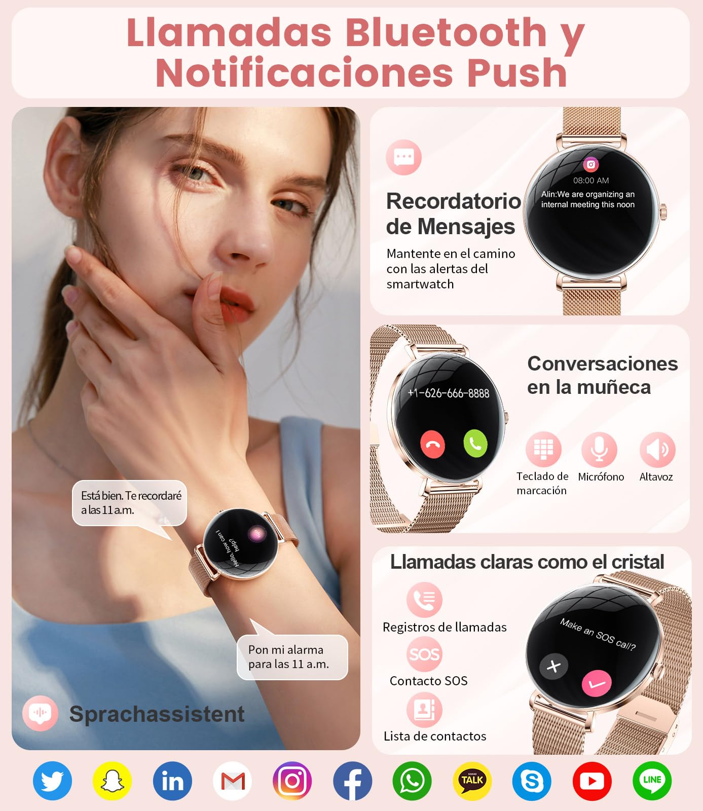 SUNKTA Reloj Inteligente Mujer Ligero con Pantalla Curva AMOLED Ultra Fina Bluetooth Llamadas IP68 Impermeable Podómetro/Frecuencia Cardíaca 100+ Modos Deportivos Elegante Smartwatch para Android iOS