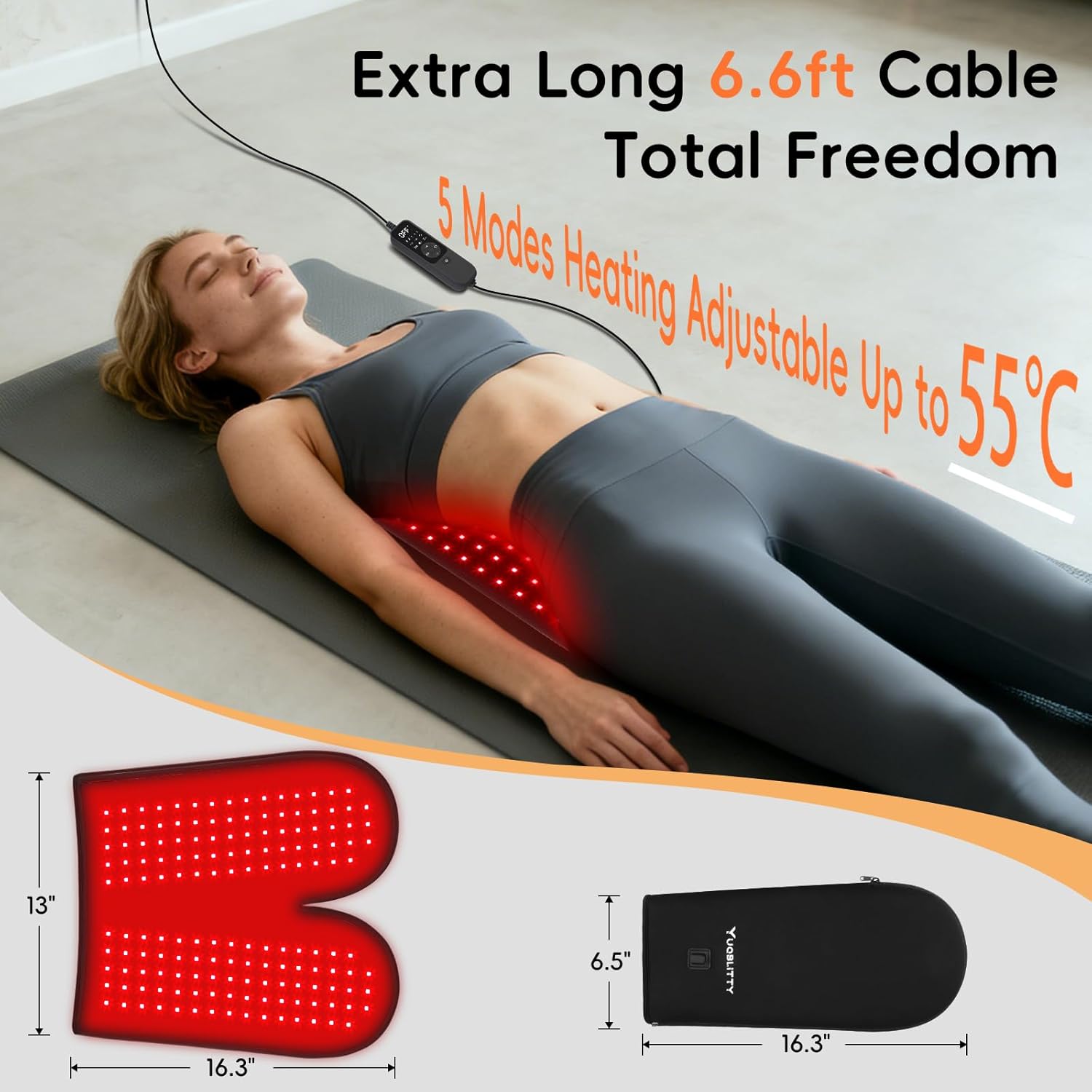 Oversized Red Light Therapy Gloves for Hands Wrist Arms Joints, 660nm & 850nm Infra Red Heated Small Therapy Mat for Back Thign Relax, Timer, for Women Men, 6.6FT Cord - Image 5