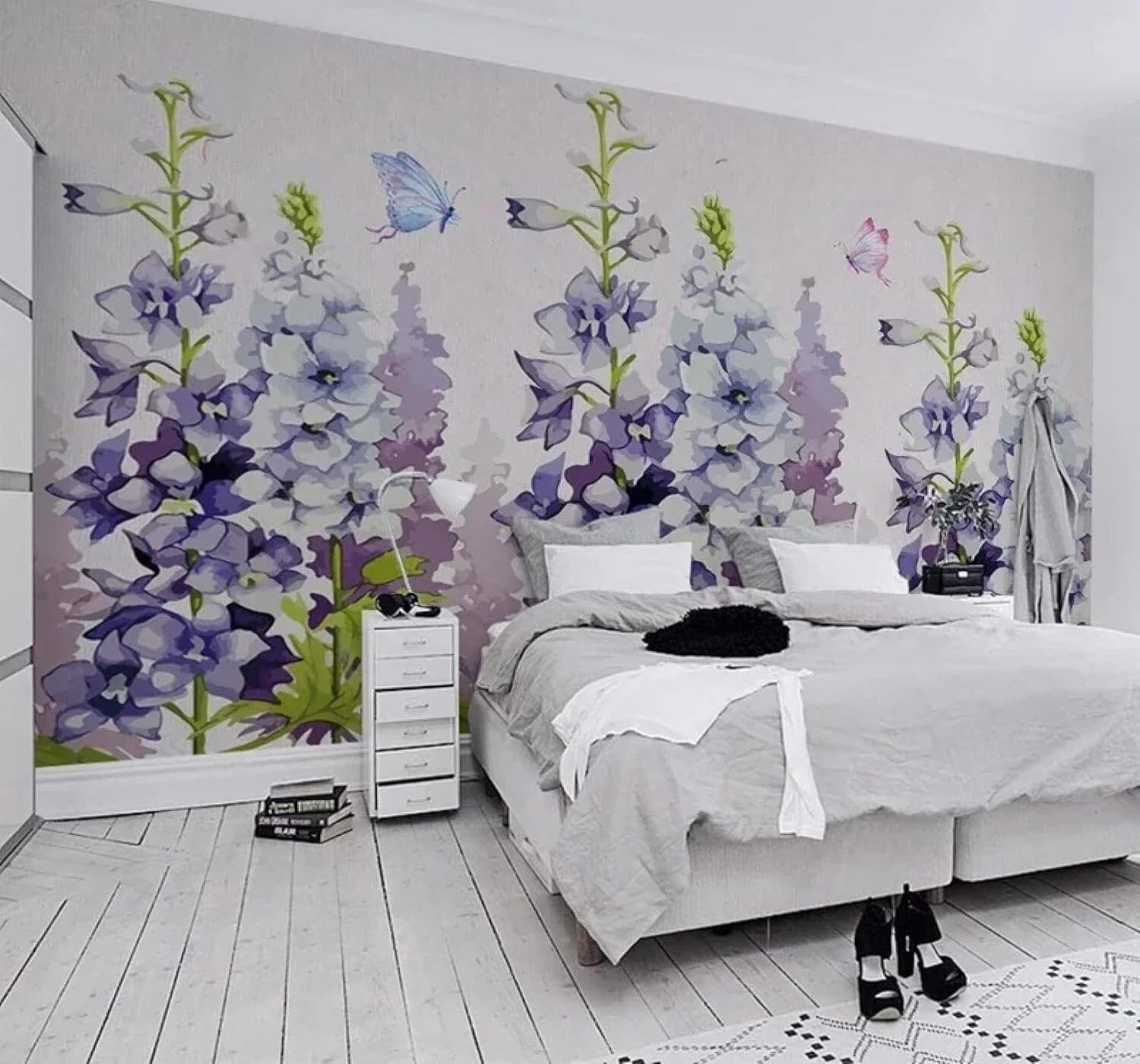 XLMING Papier Peint 3D Dessin À La Main Aquarelle Violet Fleurs Papillons