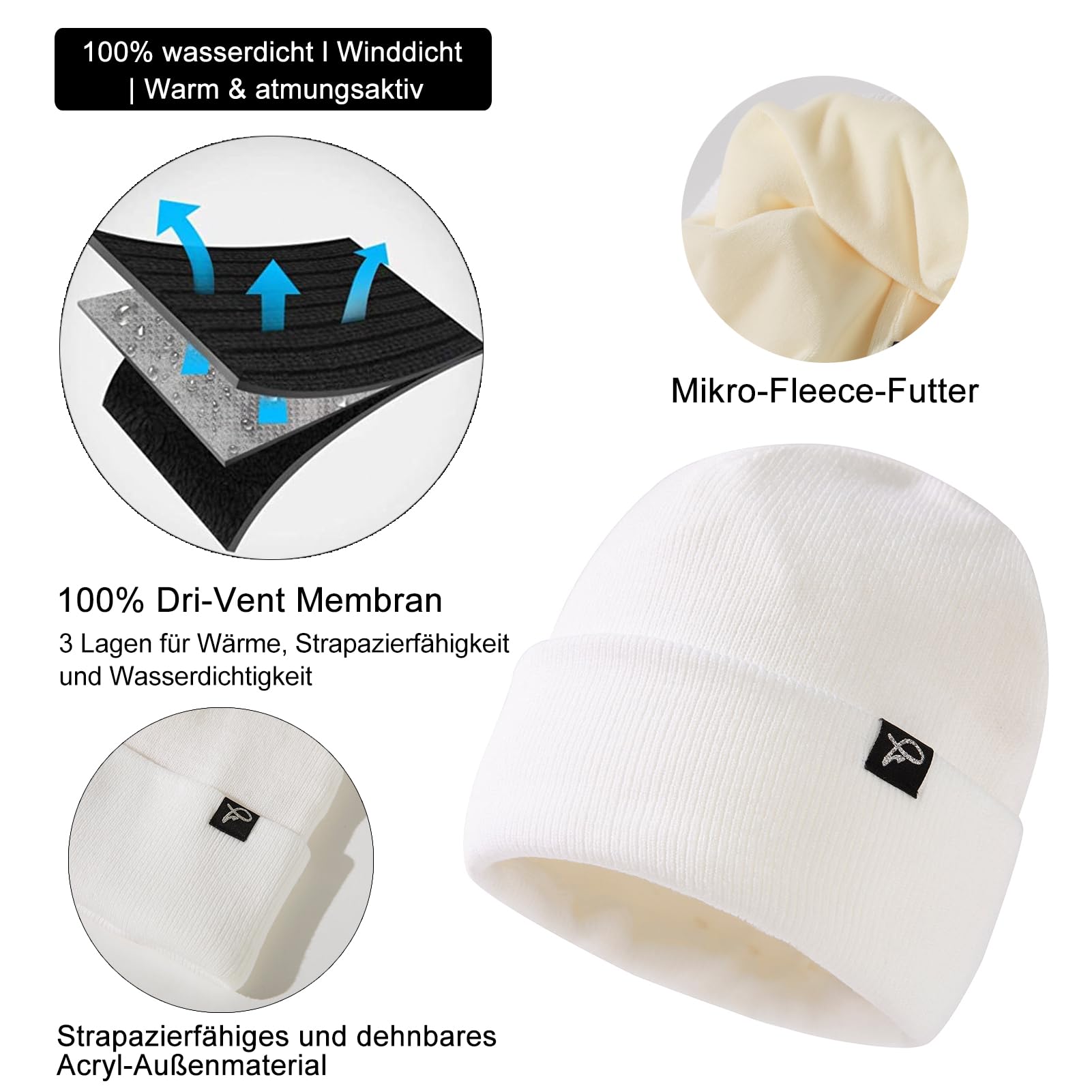 TOP-EX Dryknit - Gorro de invierno impermeable de gran tamaño XL XXL con forro polar para hombre