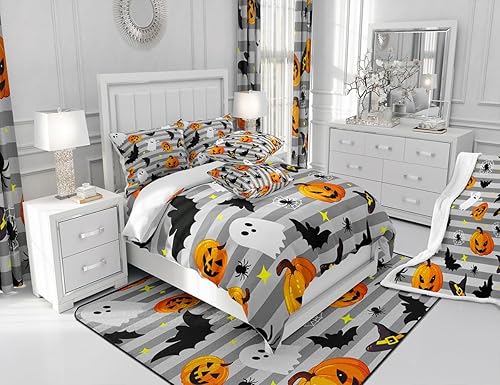 Miniatura 6 de Manfei Juego de edredón de Halloween, tamaño matrimonial, fantasmas, calabaza, farol, murciélagos, araña, juego de ropa de cama de 3 piezas para