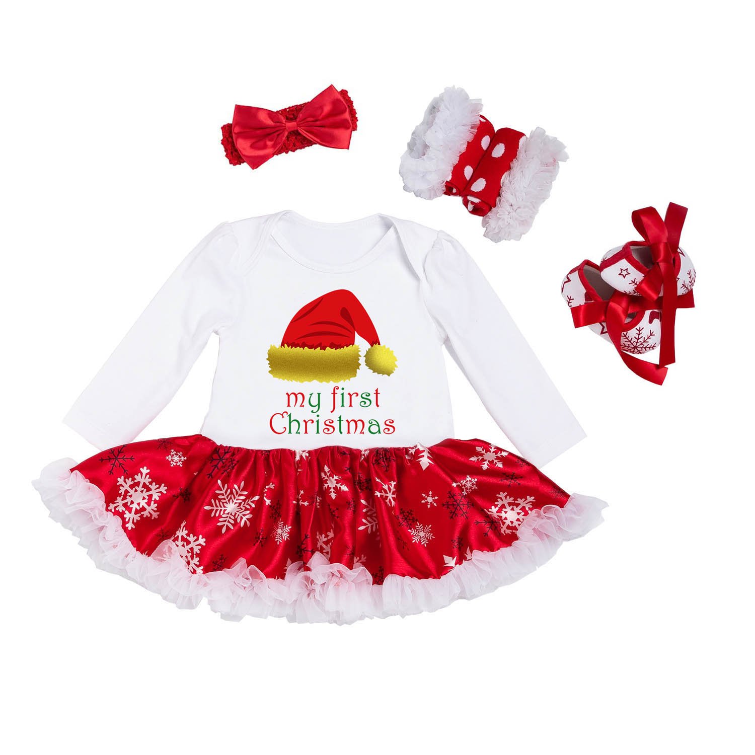 BabyPregBaby Girls My First Christmas Santa Outfit Party Dress 4PCS