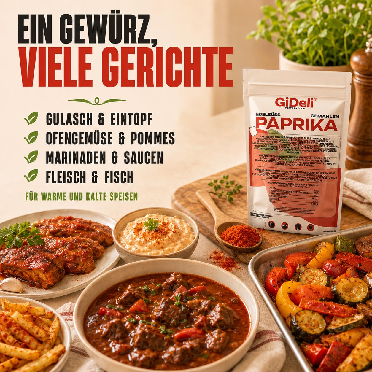 GiDeli Paprika Edelsüß Gemahlen 2x5kg - 100% Paprika ohne Zusätze - Vegan & Glutenfrei - Spanisches Paprikapulver & Pimentón - Mildes Aroma - Rotes Gewürzpulver - Ideal für Gulasch & Pasta