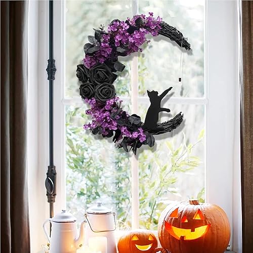 Miniatura 6 de Corona de Halloween para puerta delantera, decoración de luna de Halloween, naranja, morado, floral, para puerta de gato, adorno colgante de pared,