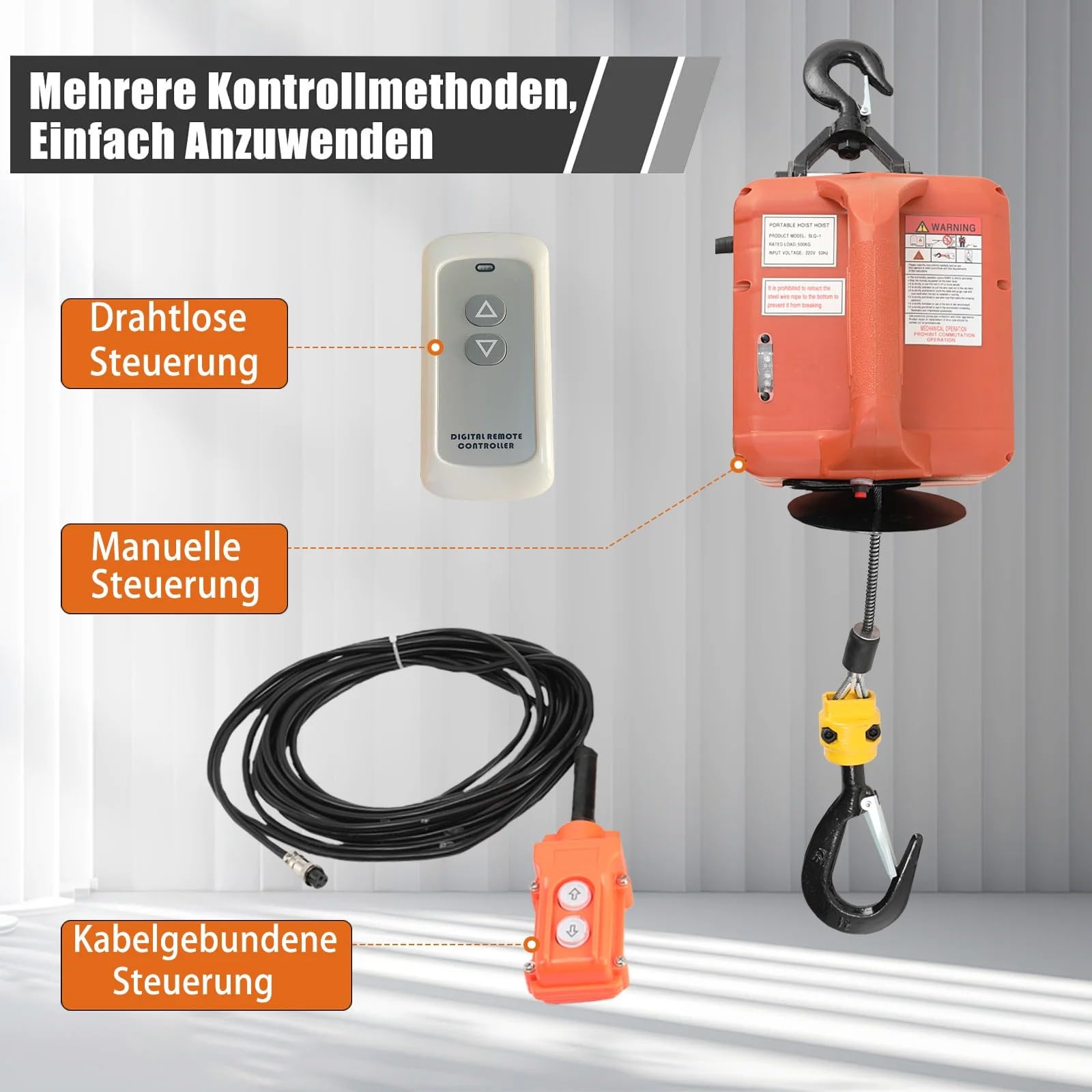 Montacargas eléctrico Polipasto eléctrico de 1500W, cabrestante portátil, grúa, máquina Control remoto inalámbrico, 500kg con