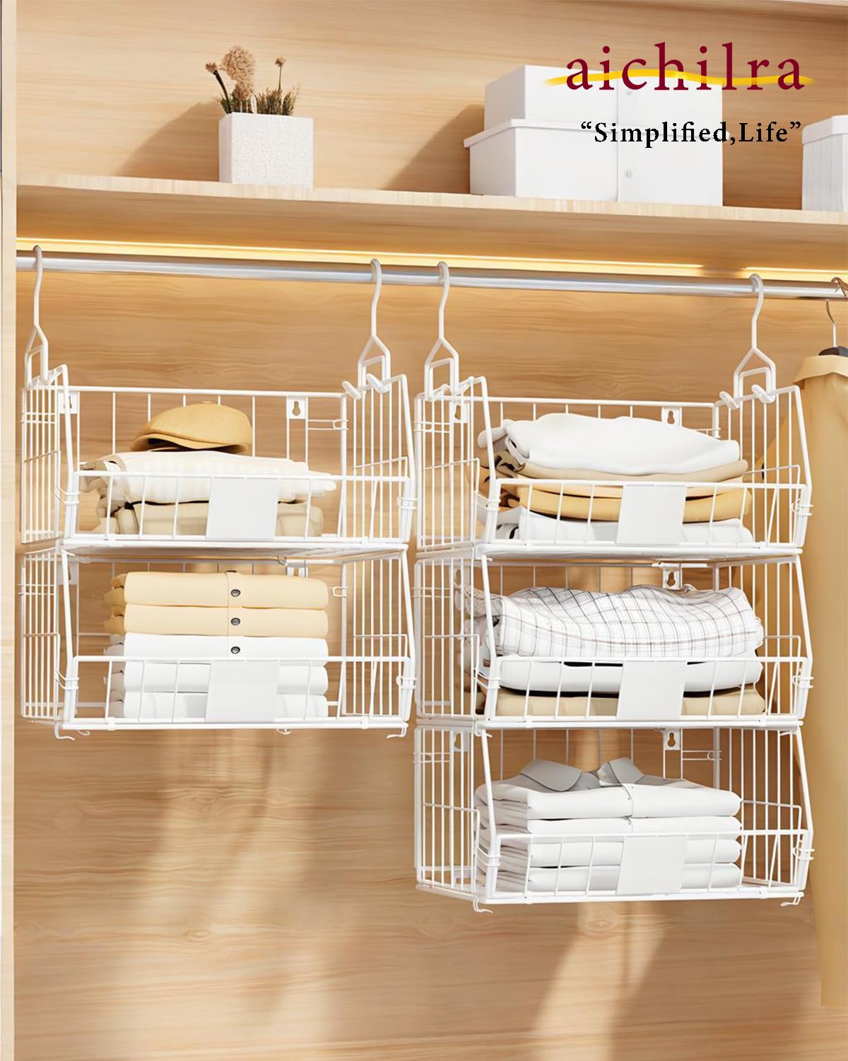 Organizador Colgante de Armario, 2 Niveles, para Ropa | Cestas de alambre abiertas, almacenamiento vertical para prendas dobladas, bolsos y accesorios
