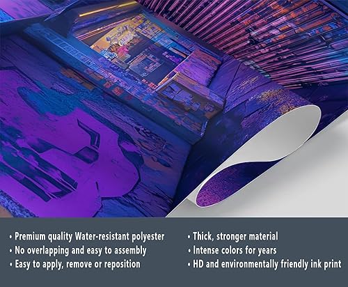 Miniatura 6 de Mural de Cyber Alleys, papel tapiz de luces de neón, decoración del hogar morado y azul, mural de pared de graffiti, murales de pared retro futuros