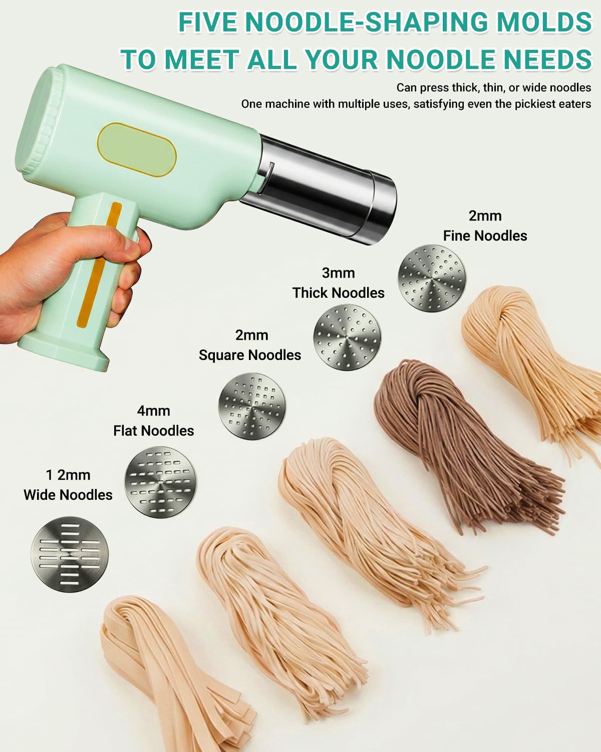 Macchina per la pasta, macchina elettrica portatile per pasta, riempitrice per salsicce, macchina per noodle senza fili all-in-one, con stampi per modellare gli accessori (verde)