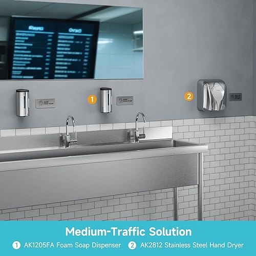 Miniatura 8 de AIKE Dispensador automático de jabón de espuma de montaje en pared 25 OZ comercial de gran capacidad de acero inoxidable modelo AK1205FA (pulido)