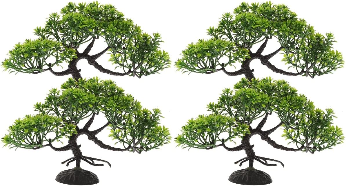 LOGOFUN 4 Pcs Aquarium Bonsai Tree Artificial Water Plant Fish Tank Decorations (Deep Green)