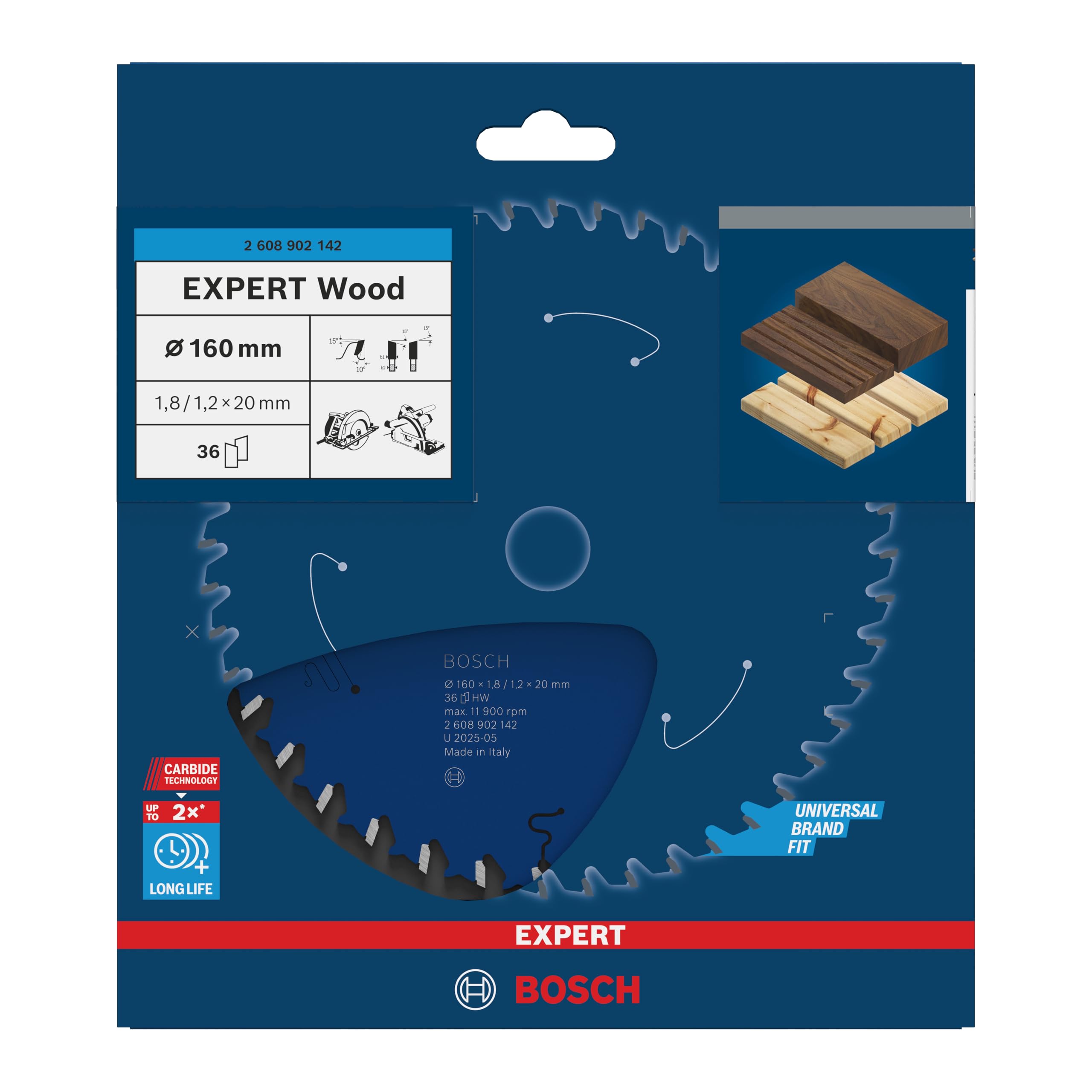 Bosch 1x Lama per sega circolare EXPERT per legno cablata (per Legno tenero, Legno duro, Ø mm, Professional Accessorio Seghe circolari a filo portatili)