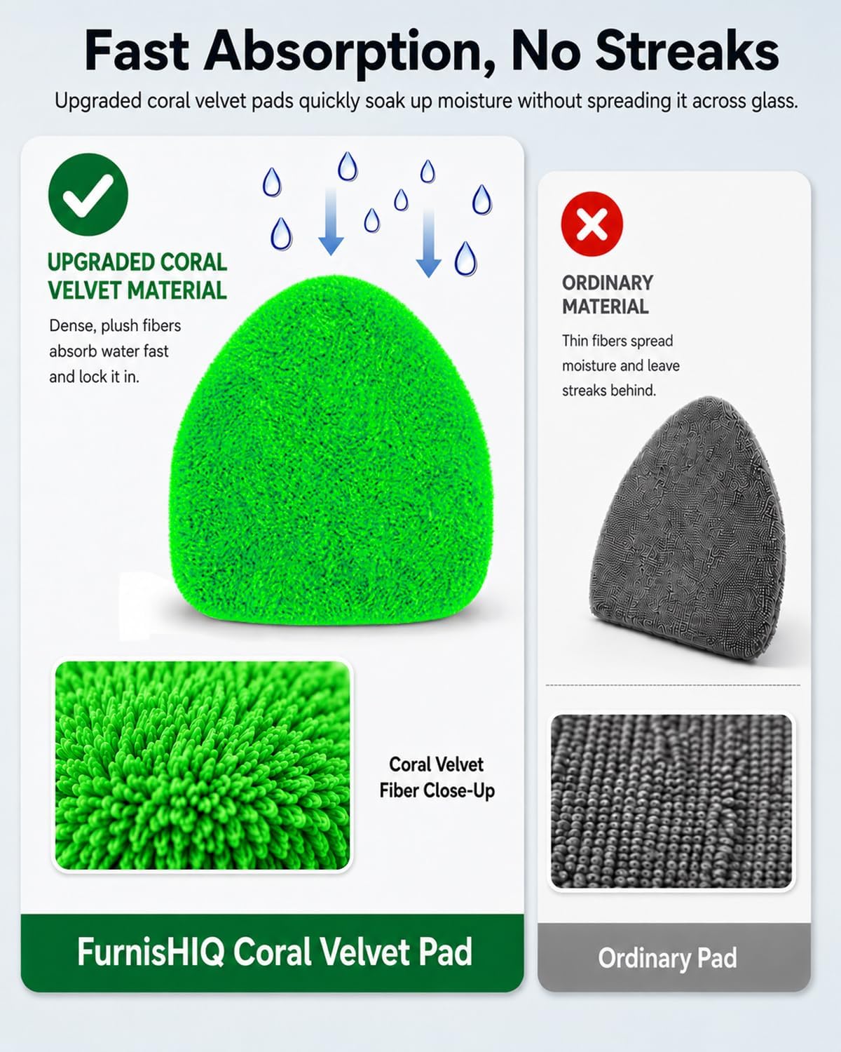 25.5" Extra-Long Reach – Super Absorbent Coral Velvet Windshield Cleaner Tool, Streak-Free Windshield Cleaning Tool Kit with 5 Pads, 2 Spray Bottles & Storage Bag for Auto Glass & Home Windows, Green