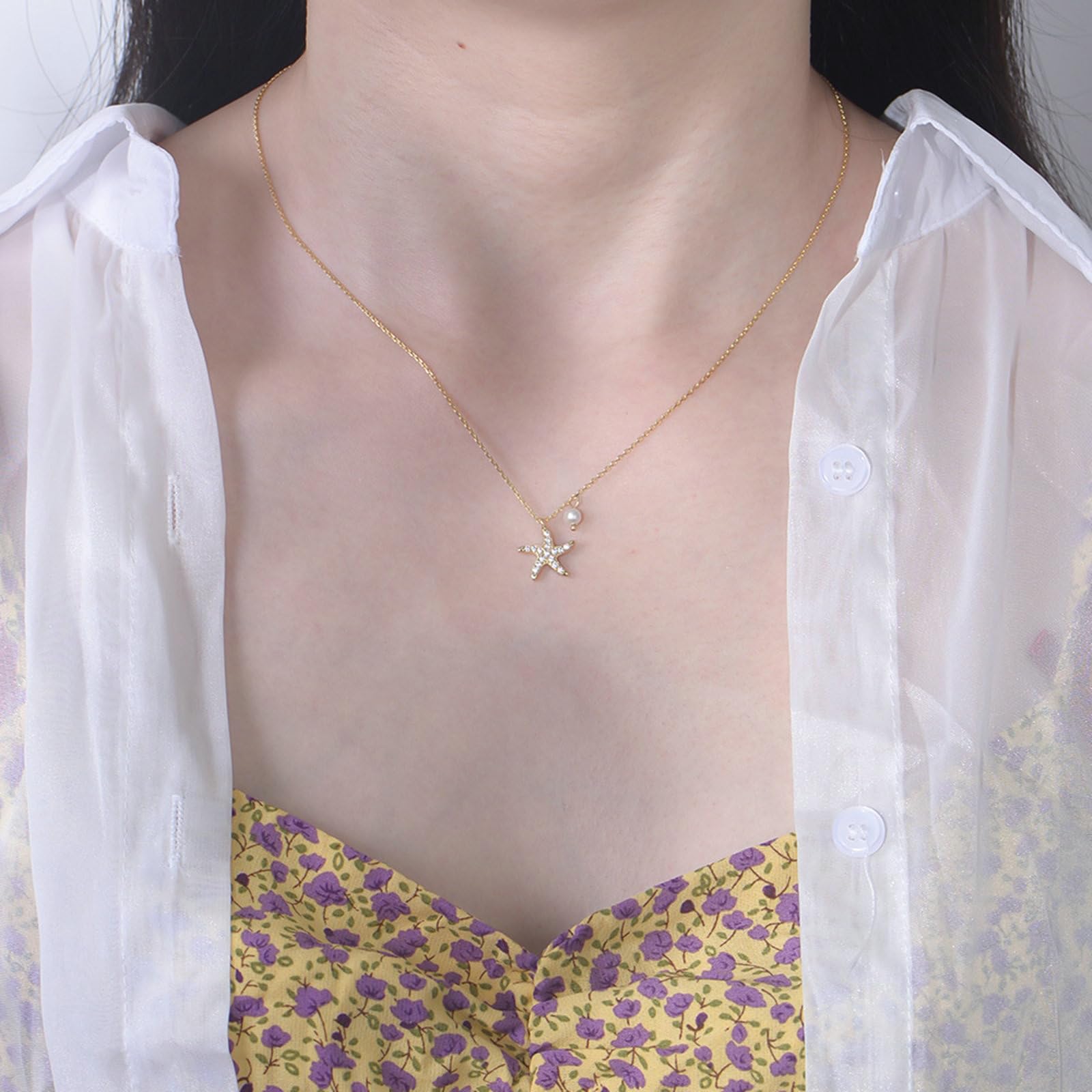 Collar con colgante de oro de 9 quilates, 14 quilates y 18 quilates para mujer, colgante de estrella de mar con diamante, cadena de oro 375, 585, 750, 45 cm, joyería real