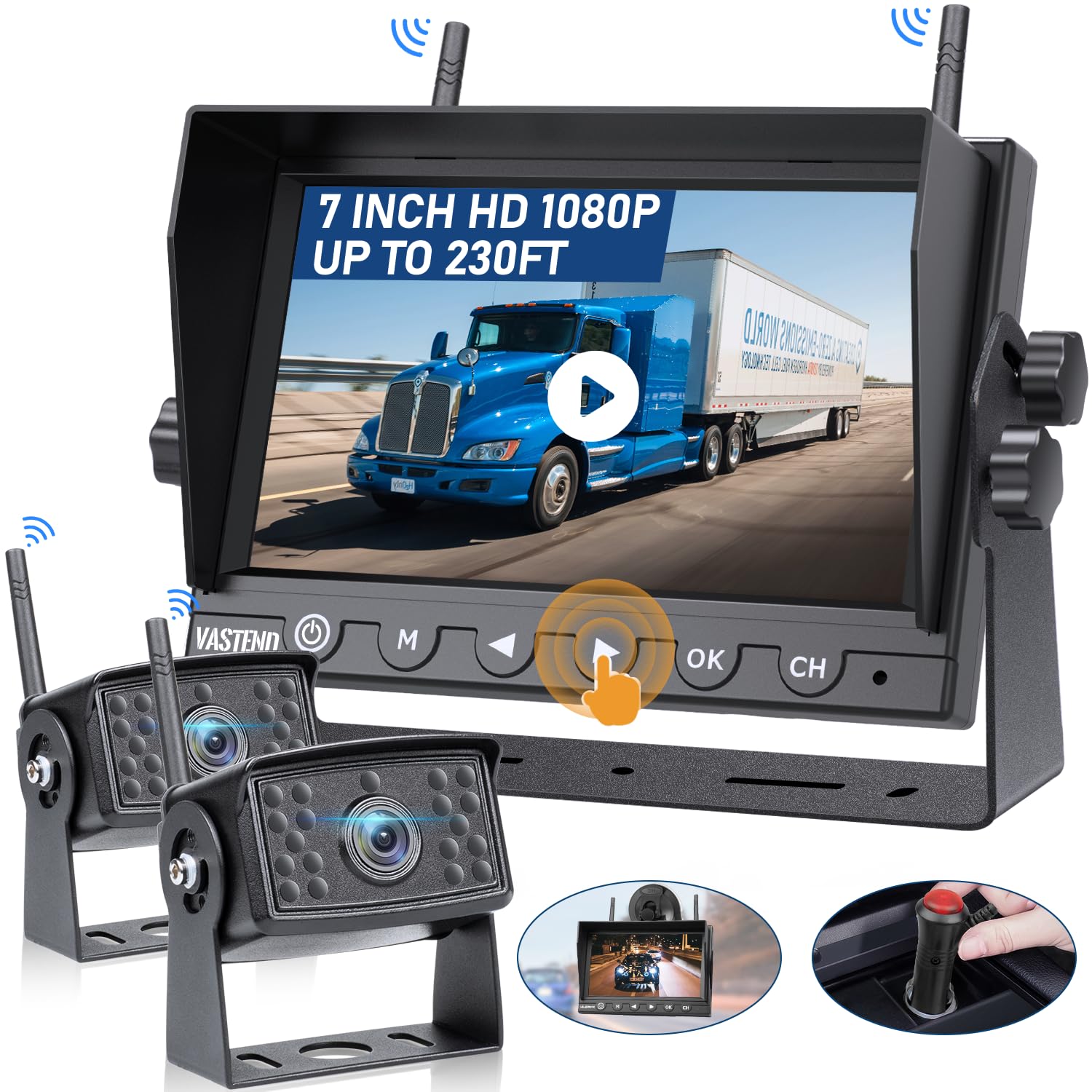 VASTEND V01 Telecamera per la Retromarcia Senza Fili HD 7'' 1080P Monitor e IP69 Telecamera per Retromarcia Impermeabile Segnali Digitali Stabili, Grandangolare 150° per Furgoni, Auto, Camion, Camper