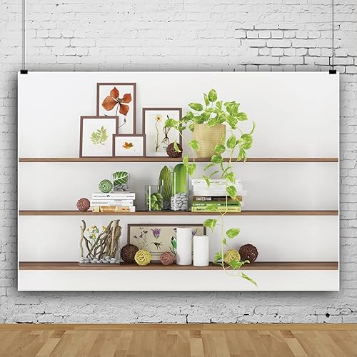 Miniatura 5 de CSFOTO Telón de fondo moderno de 10 x 7 pies para sala de estar, estantería de plantas verdes, telón de fondo de oficina para videoconferencias,