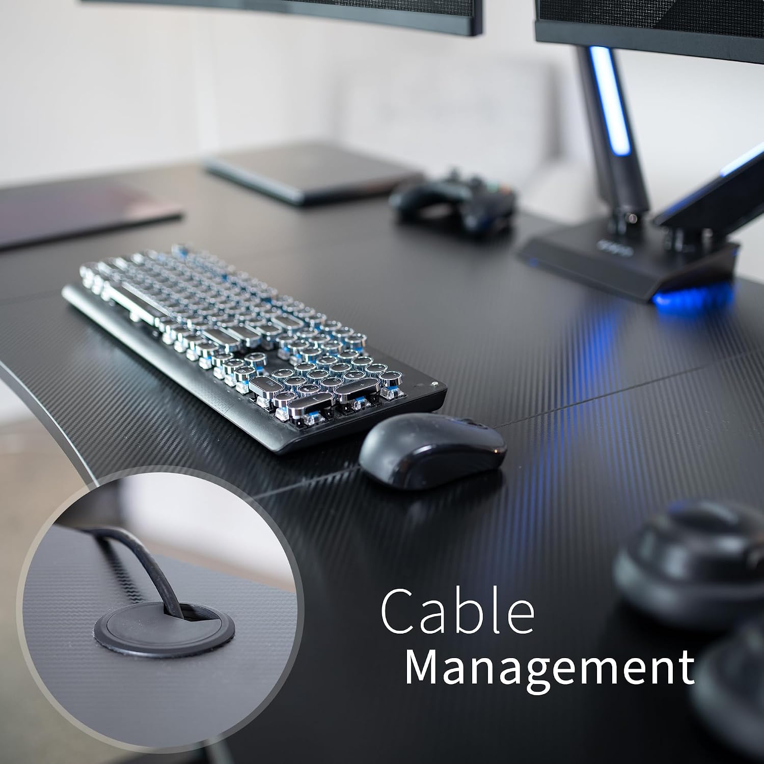 Close-up of the integrated cable management grommet on the VIVO DESK-TOP1R table top