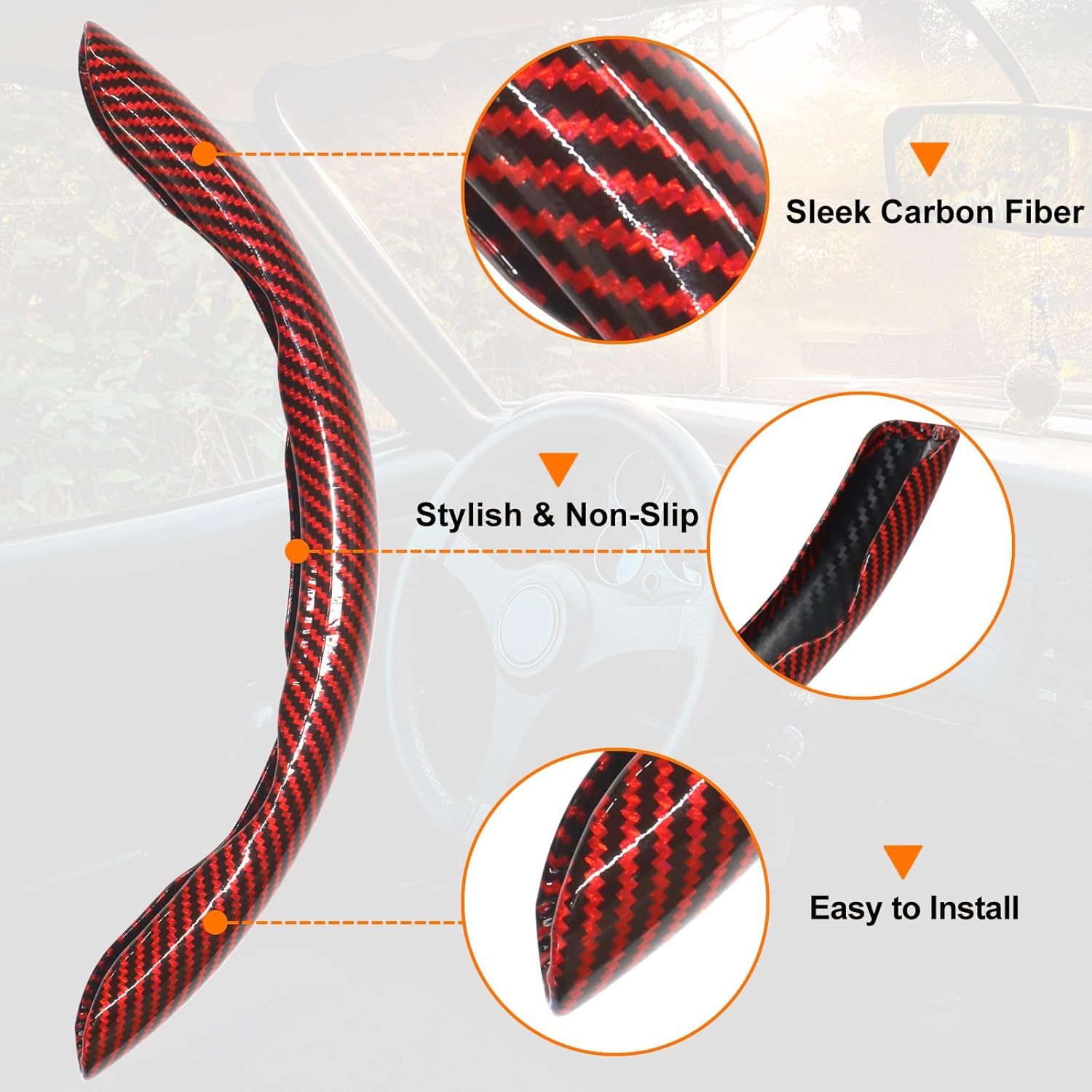 3pcs Carbon Fiber Steering Wheel Cover - Snap on 15 Inch Anti-Slip Car Steering Wheel Protector, Universal Car Interior Accessories (Red)