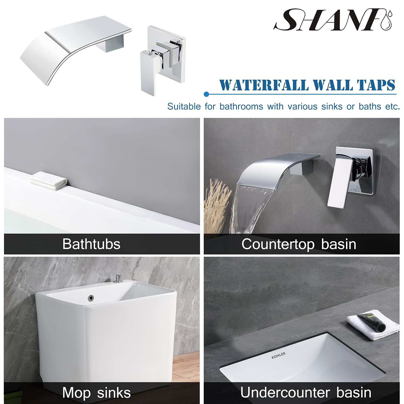 Waschtischarmatur Wandmontage Wasserfall Chrom Armatur Wand Einzigen Handgriff 2-Loch Unterputz Waschtischarmatur mit 12,5 cm Breitem Auslauf Messing Mischbatterie CPB1