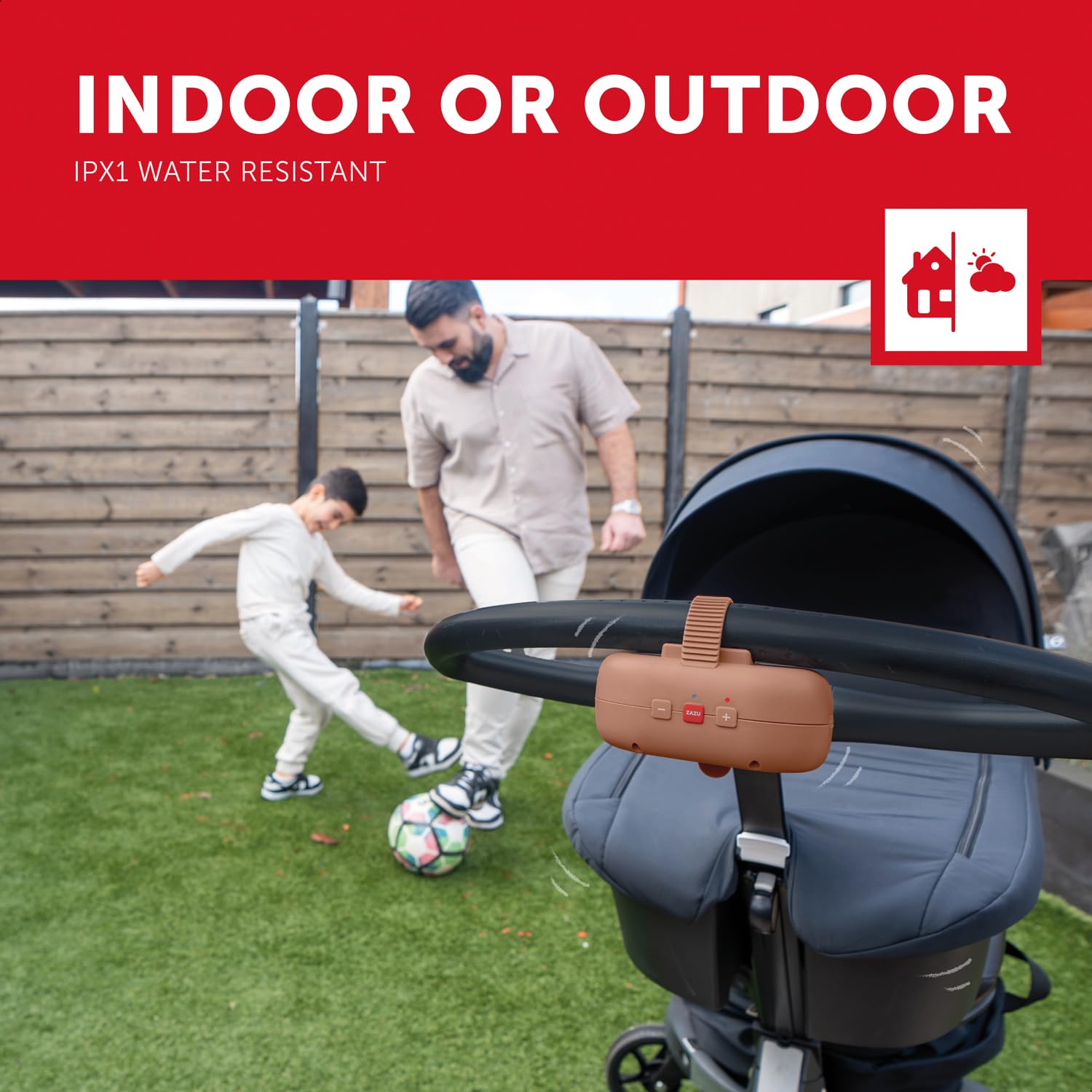 ZAZU Robby Balancín Automático para bebé: ajustable, temporizador de 40 min, sensor de llanto, batería recargable USB, resistente al agua, diseño universal para cochecitos y buggies (Marrón)