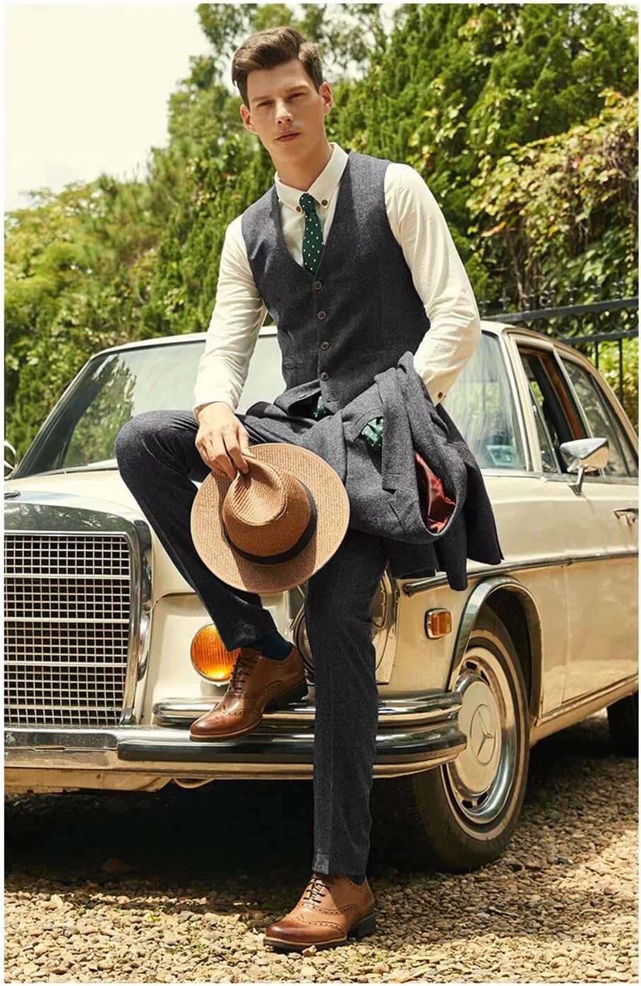 Wehilion Retro Herringbone Tweed Suit for Men Vest Pant Set 2 Pieces Men Suits