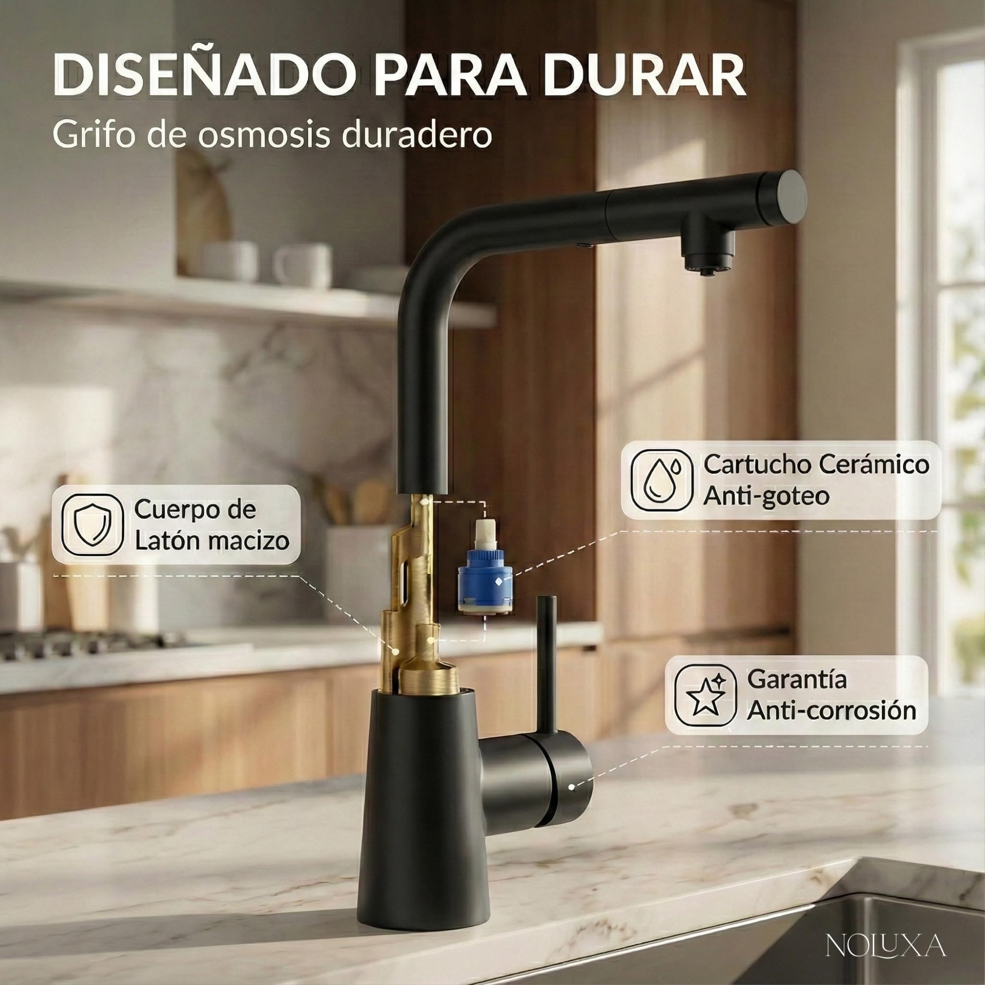 IMEX - Grifo Cocina Extraíble Negro con Osmosis Integrado | Grifo Momando Osmosis 2 Vías con Ducha Extraíble | Grifería en Latón | Serie Split | Color Negro Mate