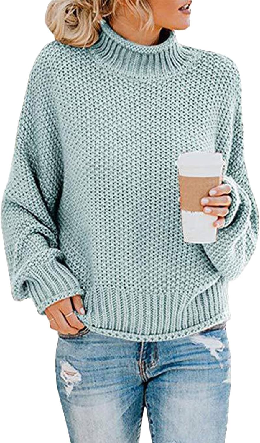 Women's Long Sleeve Turtleneck Comfy Solid Color Pullover Fall Winter Sweaters Casual Loose Fit Knitted Jumper Tops