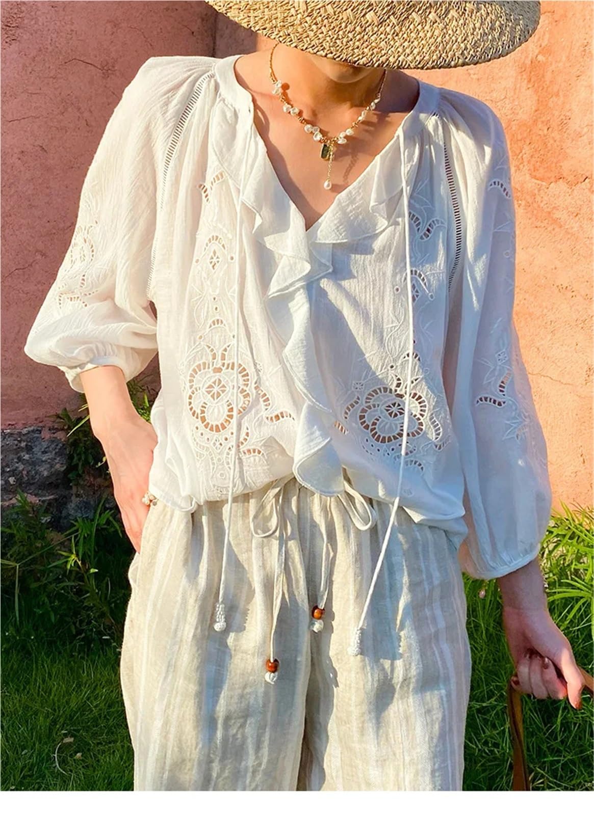 Copricostume Donna Camicetta da Donna Vintage | Camicia bianca primavera estate manica lunga casual scollata top da donna(Blouse only,S)